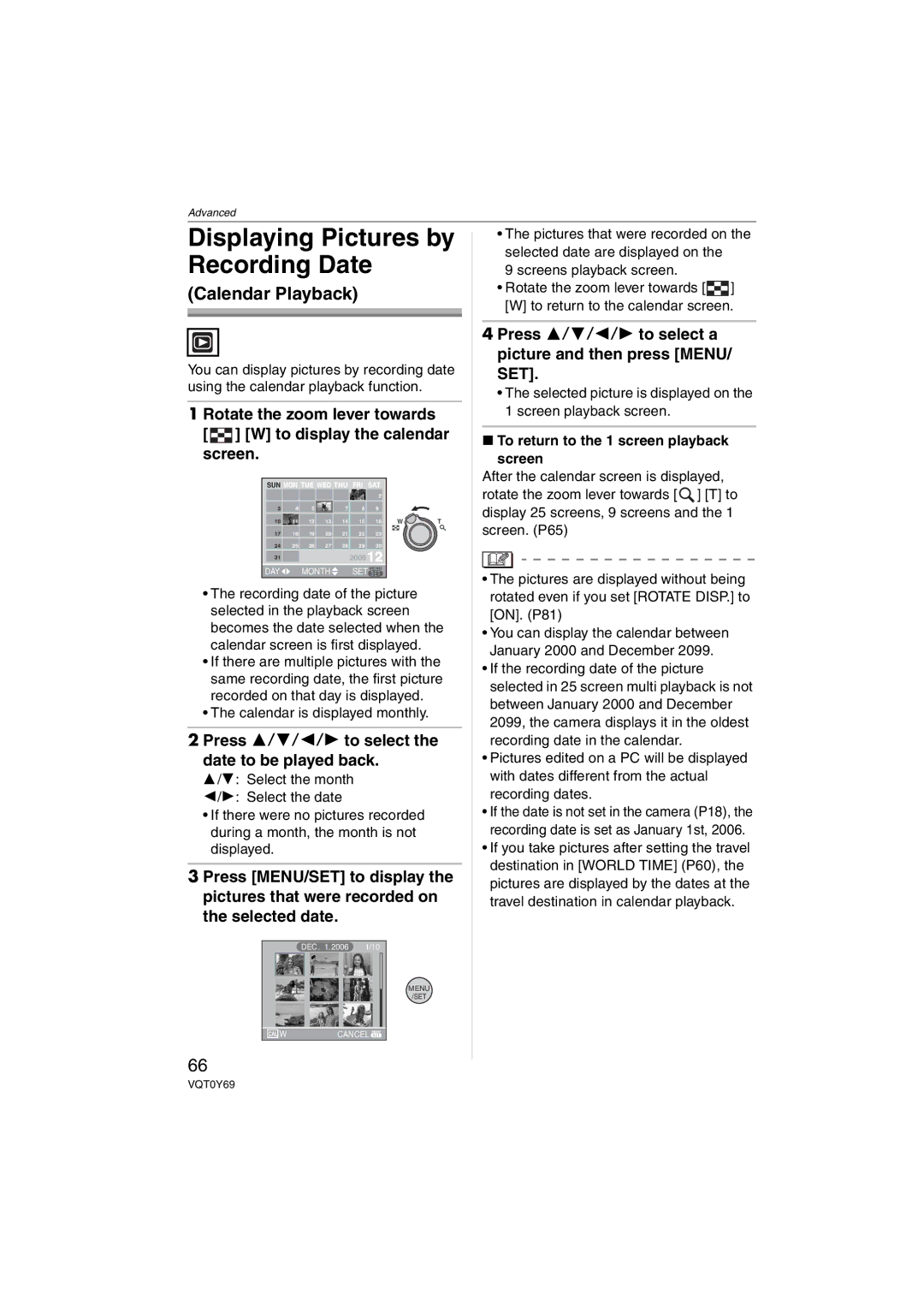 Panasonic DMC-FX07K Displaying Pictures by Recording Date, Press 3/4/2/1 to select a picture and then press MENU/ SET 