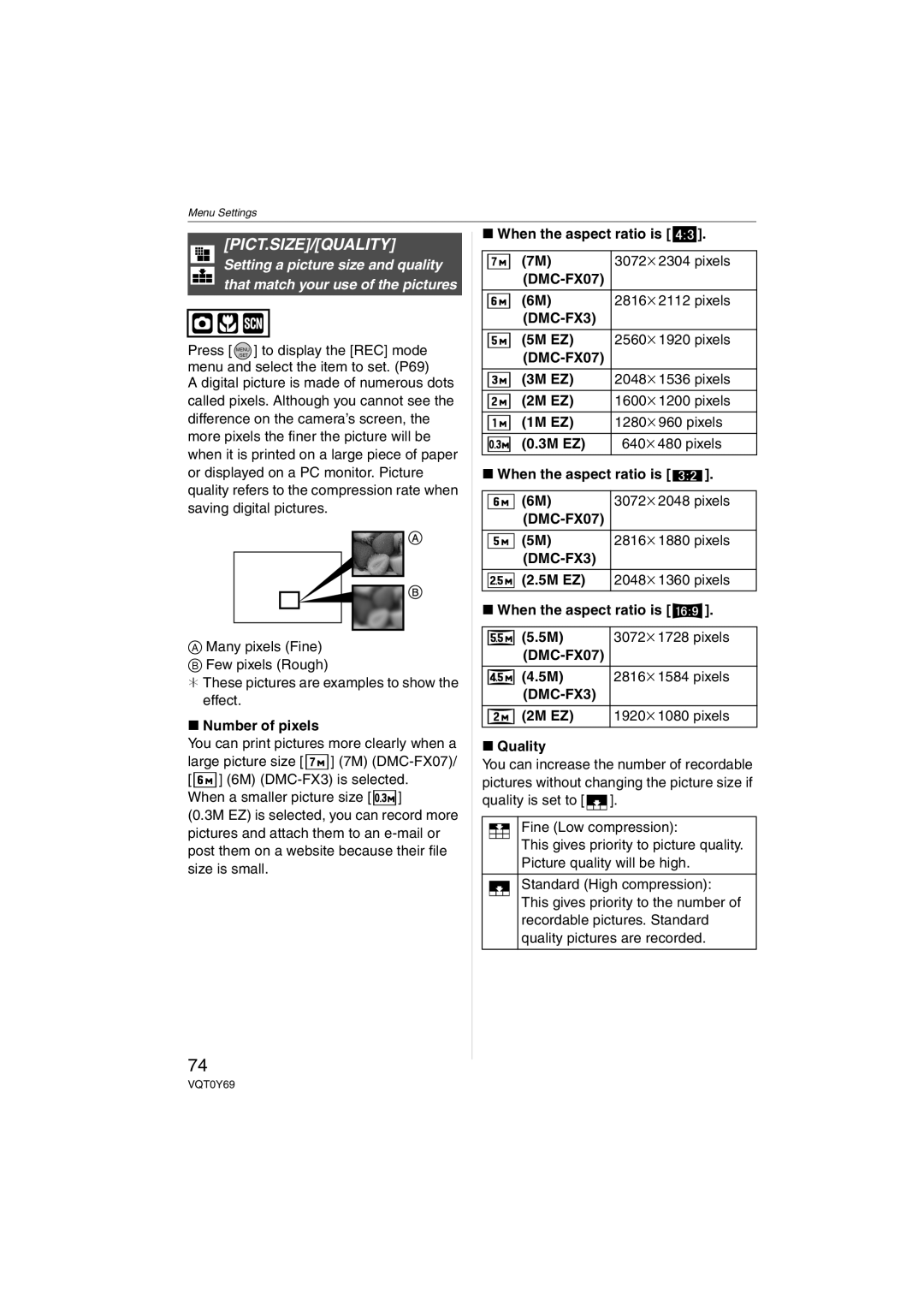 Panasonic DMC-FX07K operating instructions Pict.Size/Quality, DMC-FX3 