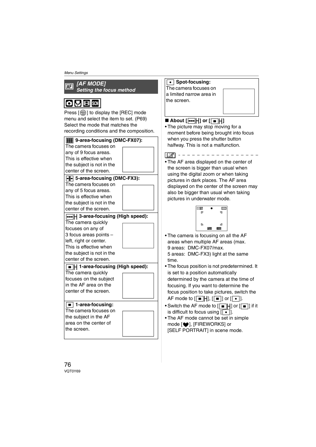 Panasonic DMC-FX07K operating instructions AF Mode, Setting the focus method 