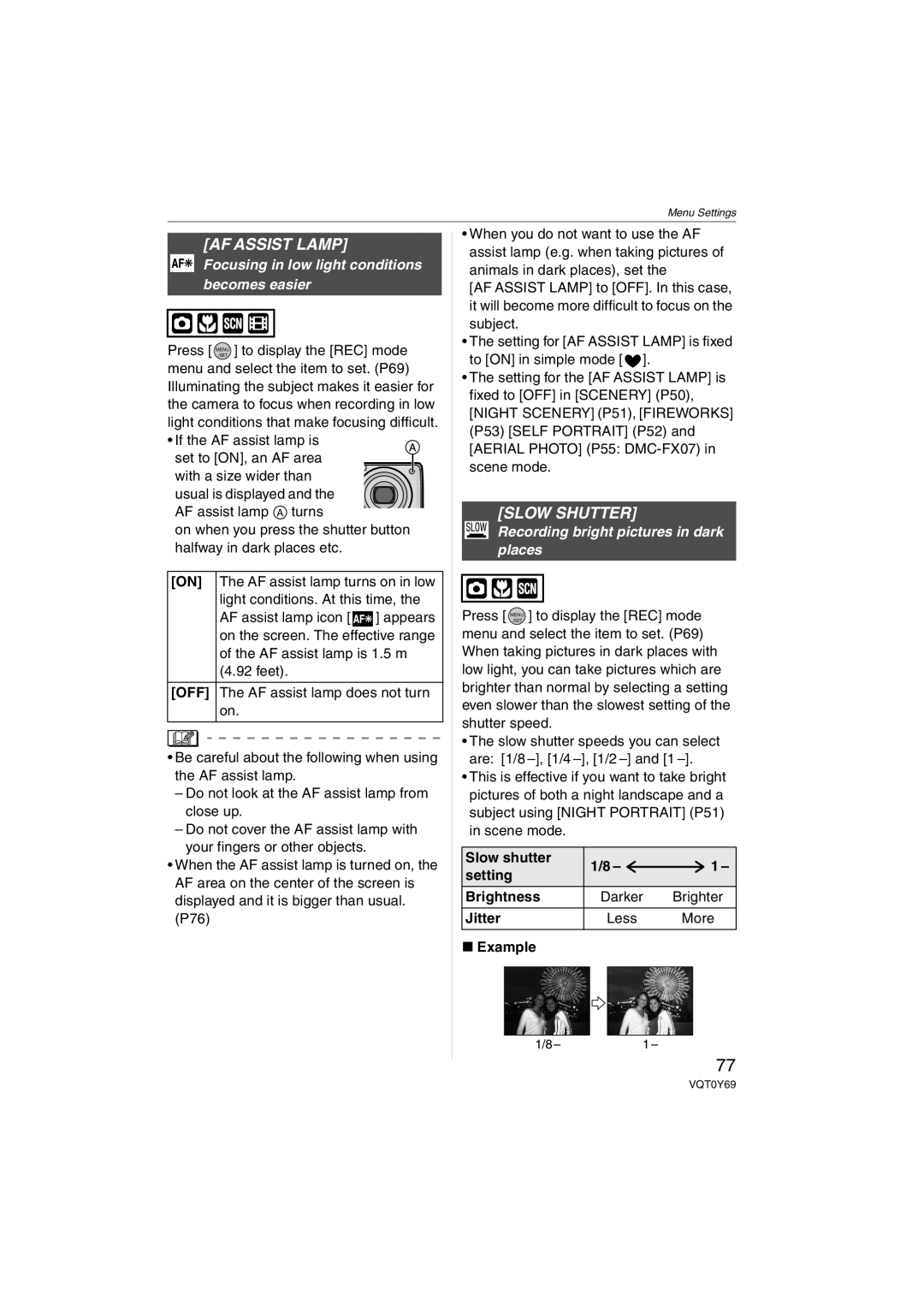 Panasonic DMC-FX07K operating instructions AF Assist Lamp, Slow Shutter, Focusing in low light conditions becomes easier 