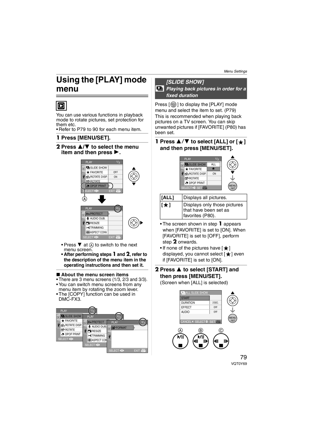 Panasonic DMC-FX07K Using the Play mode menu, Slide Show, Press 3/4 to select ALL or and then press MENU/SET 