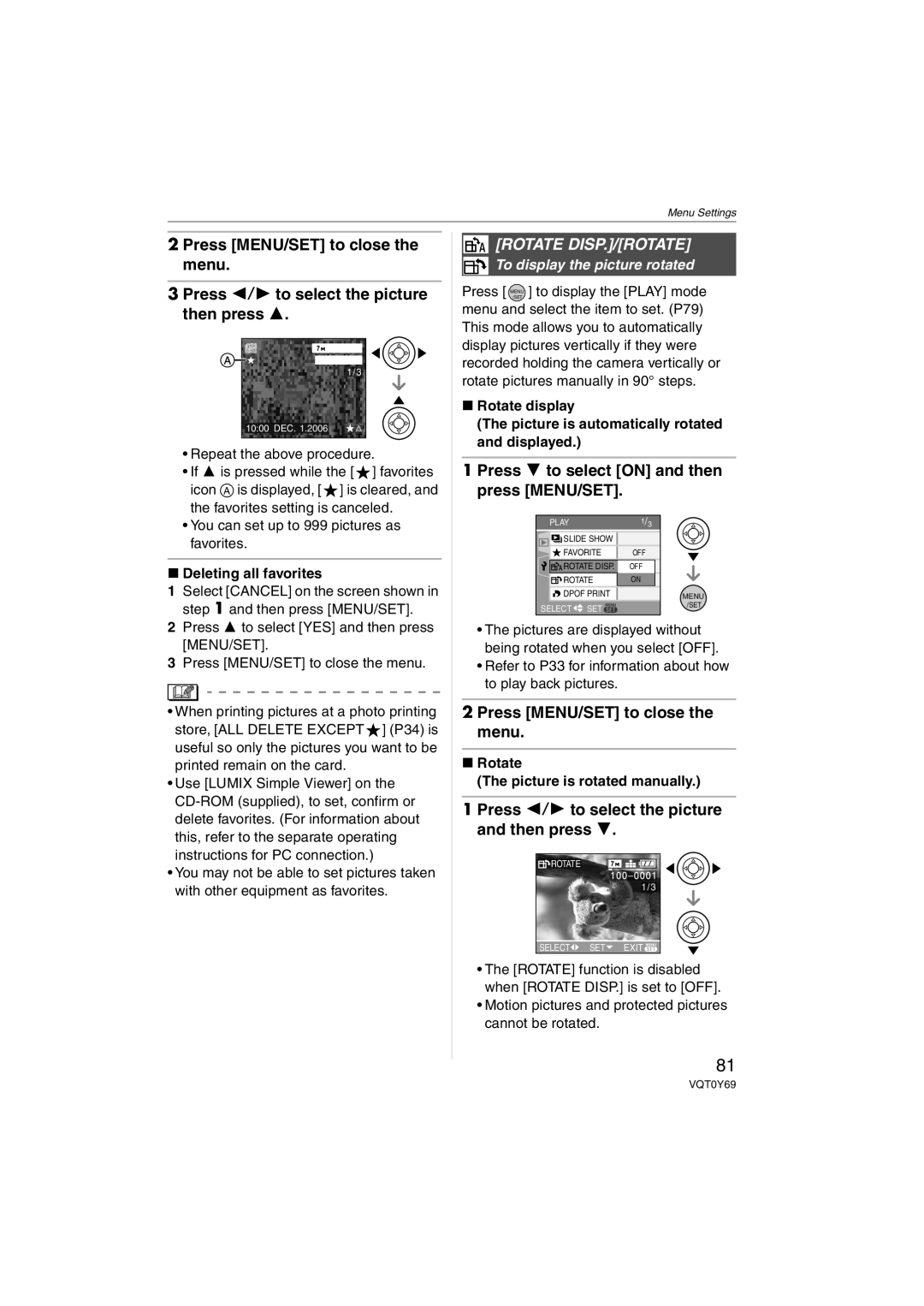 Panasonic DMC-FX07K Rotate DISP./ROTATE, Press 2/1 to select the picture and then press, Deleting all favorites 