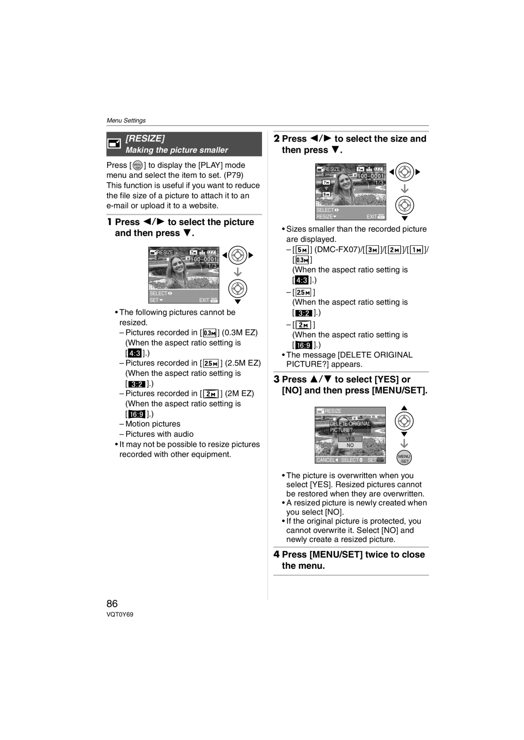 Panasonic DMC-FX07K operating instructions Resize, Press 2/1 to select the size and then press, Making the picture smaller 