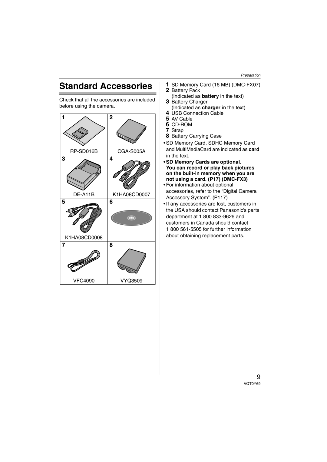 Panasonic DMC-FX07K operating instructions Standard Accessories, K1HA08CD0008, VFC4090, SD Memory Cards are optional 