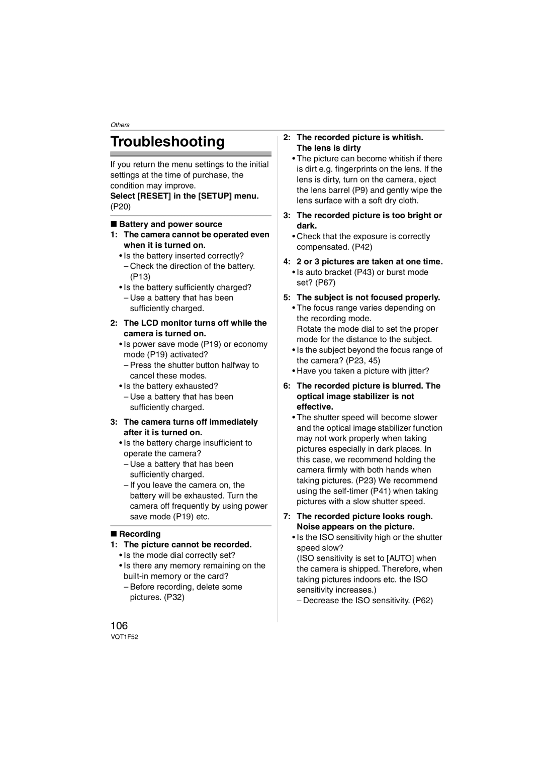 Panasonic DMCFX100K, DMC-FX100, DMCFX100S operating instructions Troubleshooting, 106 