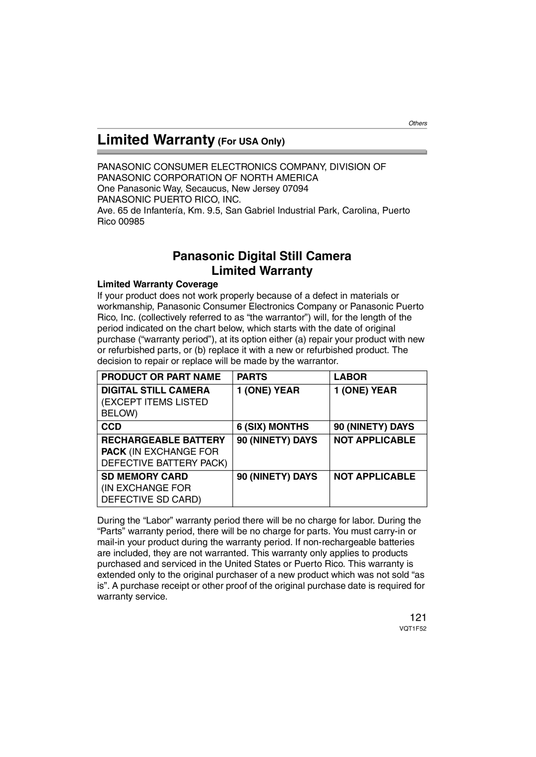 Panasonic DMCFX100K, DMC-FX100, DMCFX100S Limited Warranty For USA Only, 121, Limited Warranty Coverage 