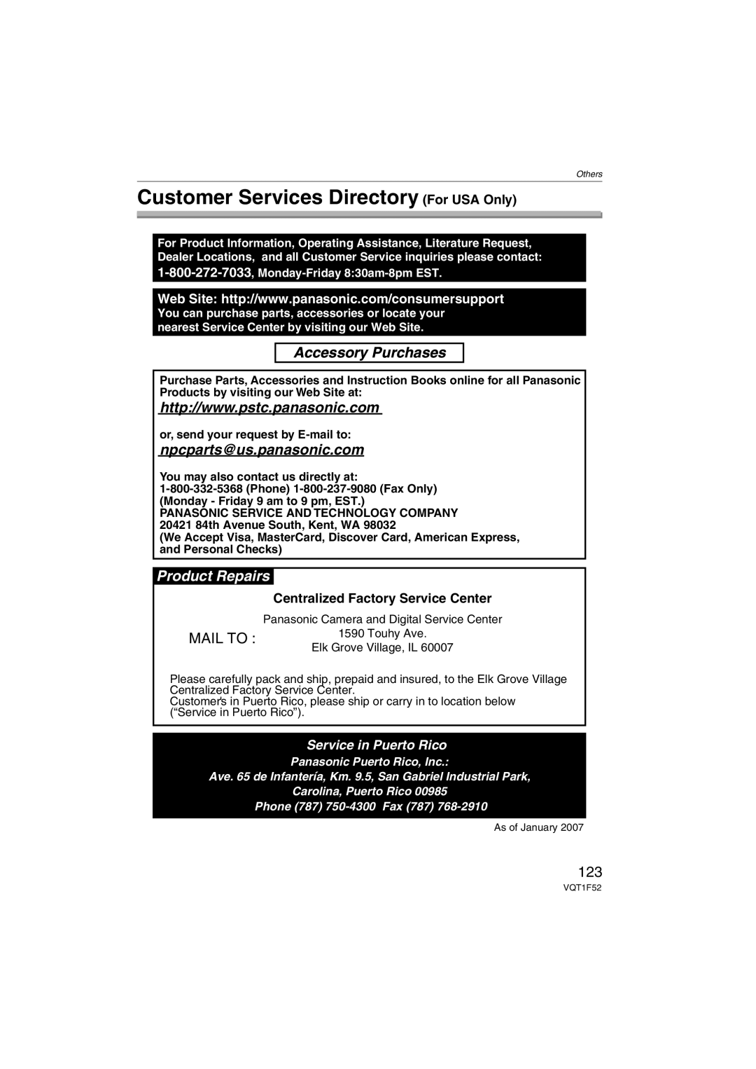 Panasonic DMC-FX100, DMCFX100K, DMCFX100S Customer Services Directory For USA Only, 123, Centralized Factory Service Center 