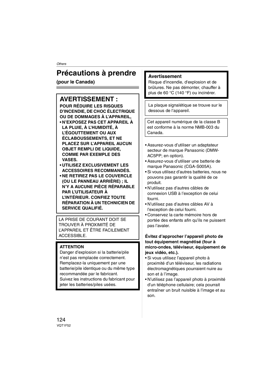 Panasonic DMCFX100K, DMC-FX100, DMCFX100S operating instructions Précautions à prendre, 124, Pour le Canada, Avertissement 