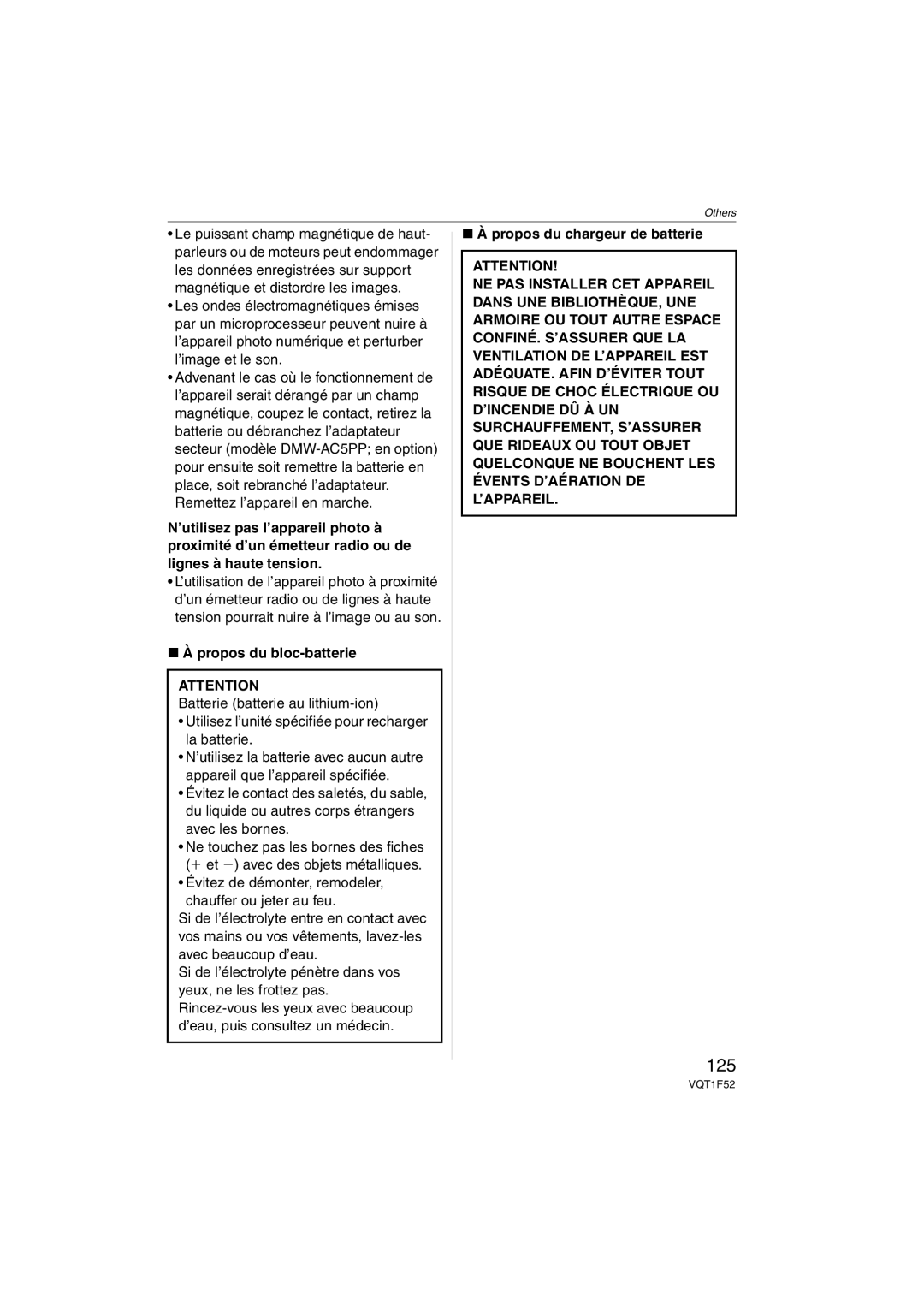 Panasonic DMCFX100S, DMC-FX100, DMCFX100K operating instructions 125, Propos du bloc-batterie, Propos du chargeur de batterie 