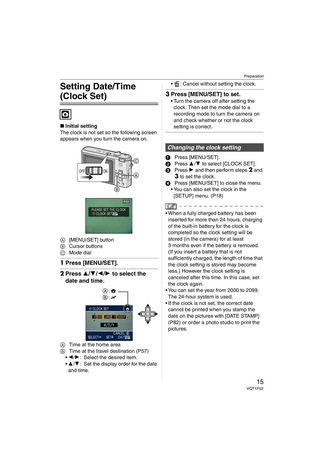 Panasonic DMC-FX100 Press MENU/SET Press 3/4/2/1 to select the date and time, Press MENU/SET to set, Initial setting 