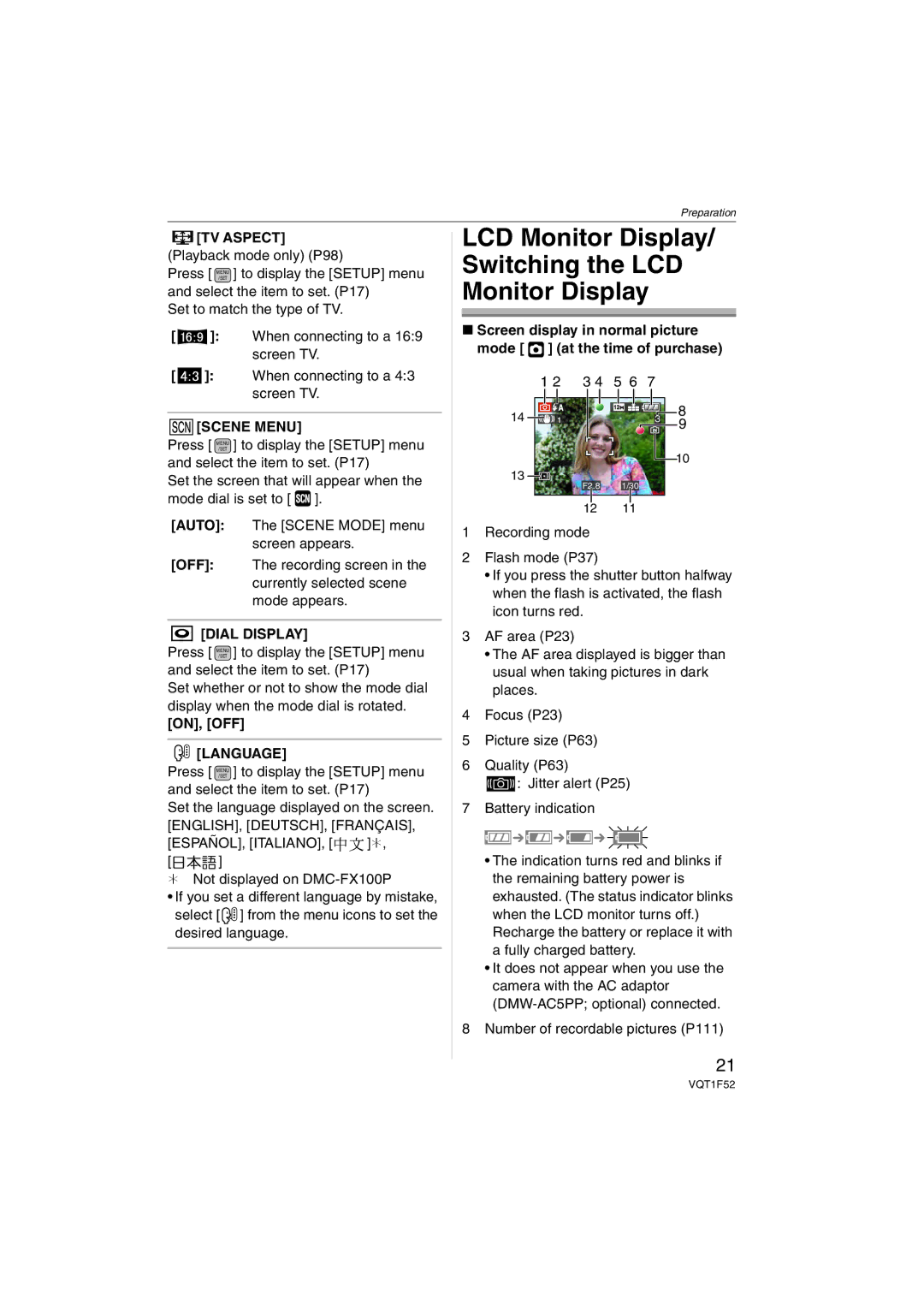 Panasonic DMC-FX100, DMCFX100K LCD Monitor Display Switching the LCD, TV Aspect, Scene Menu, Dial Display, Language 