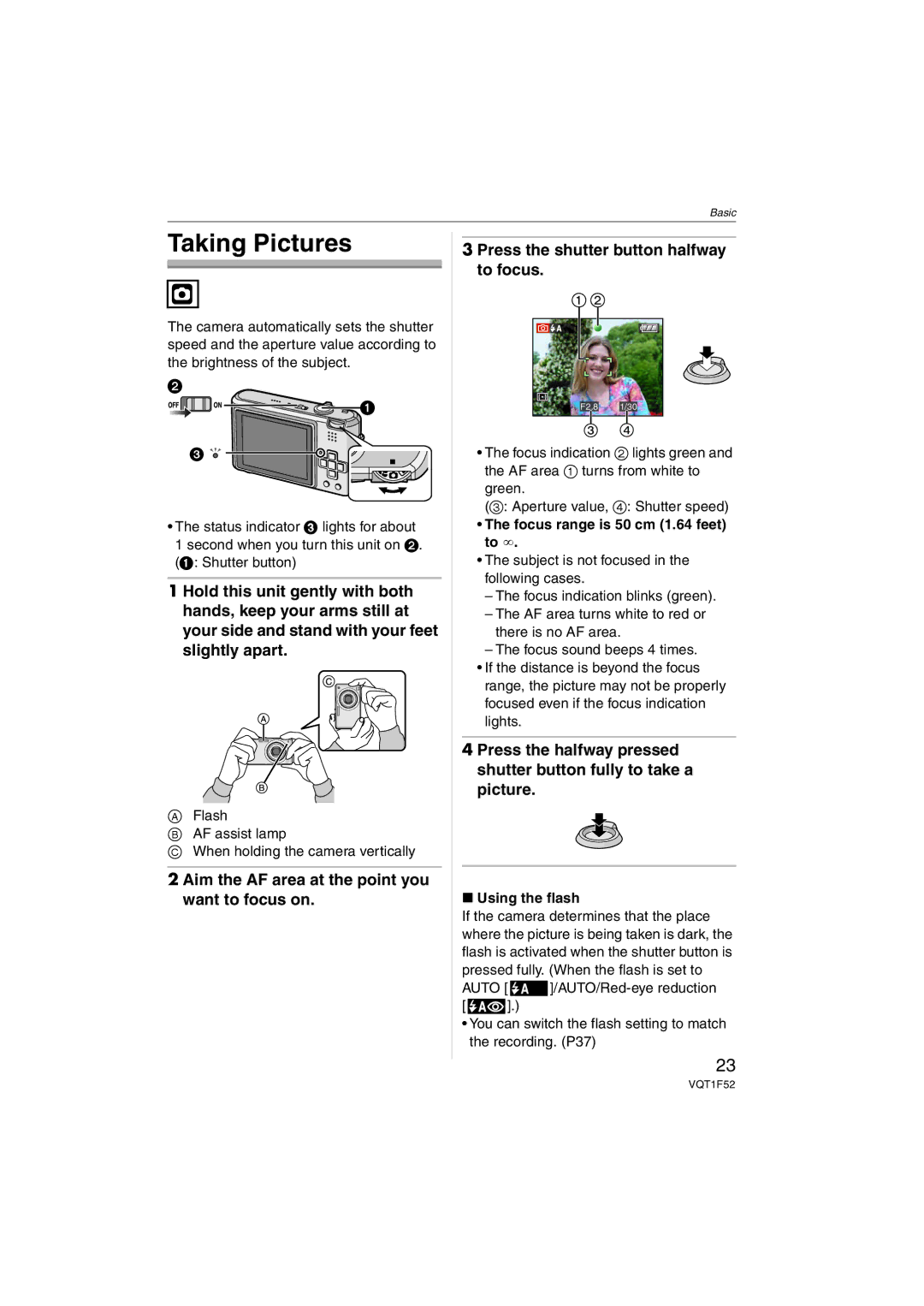 Panasonic DMCFX100S, DMC-FX100 Taking Pictures, Flash AF assist lamp When holding the camera vertically, Using the flash 