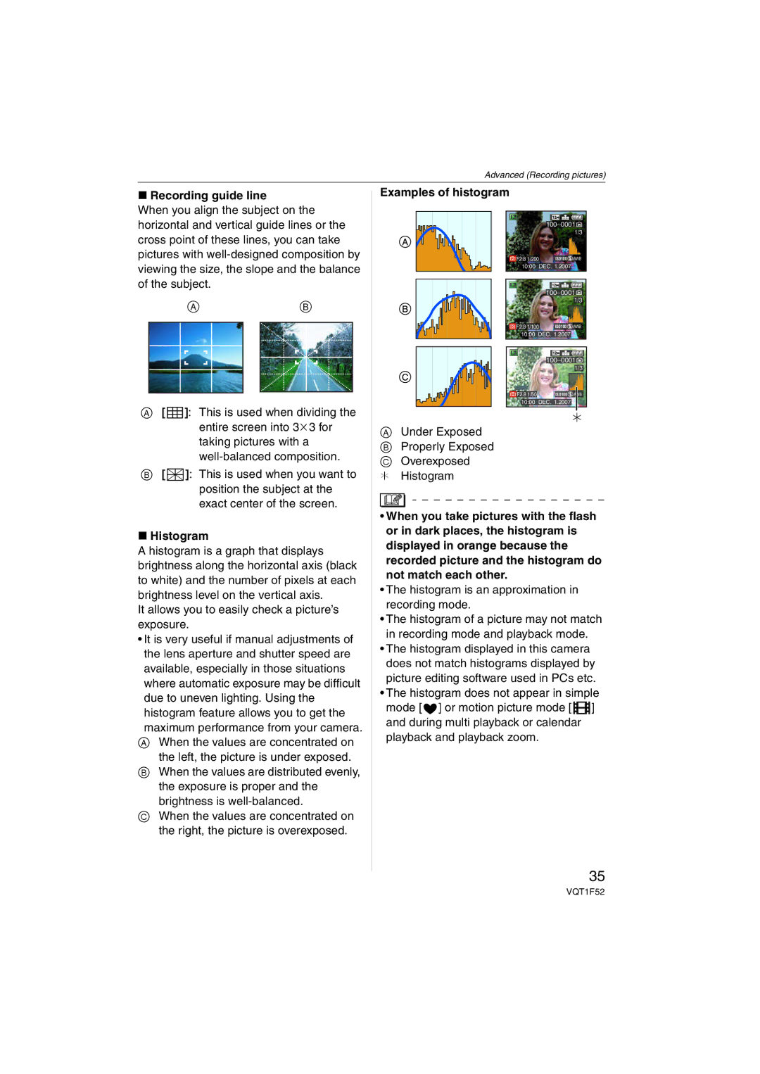 Panasonic DMCFX100S, DMC-FX100, DMCFX100K operating instructions Recording guide line, Histogram, Examples of histogram 