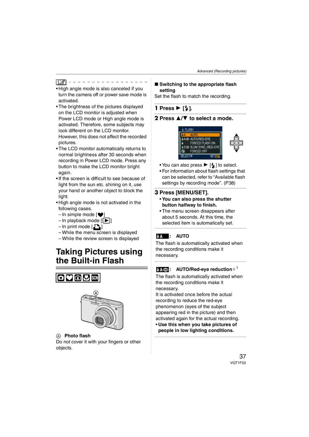 Panasonic DMCFX100K Press Press 3/4 to select a mode, Photo flash, Switching to the appropriate flash Setting, Auto 