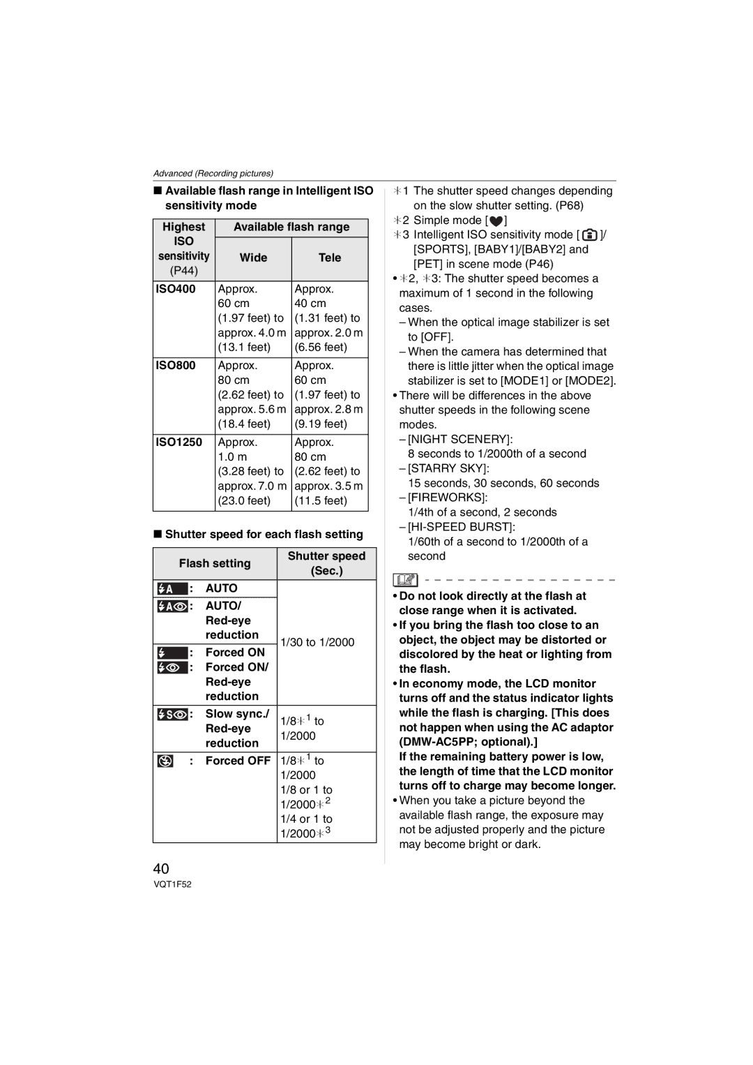 Panasonic DMCFX100K, DMC-FX100, DMCFX100S Iso, Wide Tele, ISO800, Shutter speed for each flash setting Flash setting Sec 