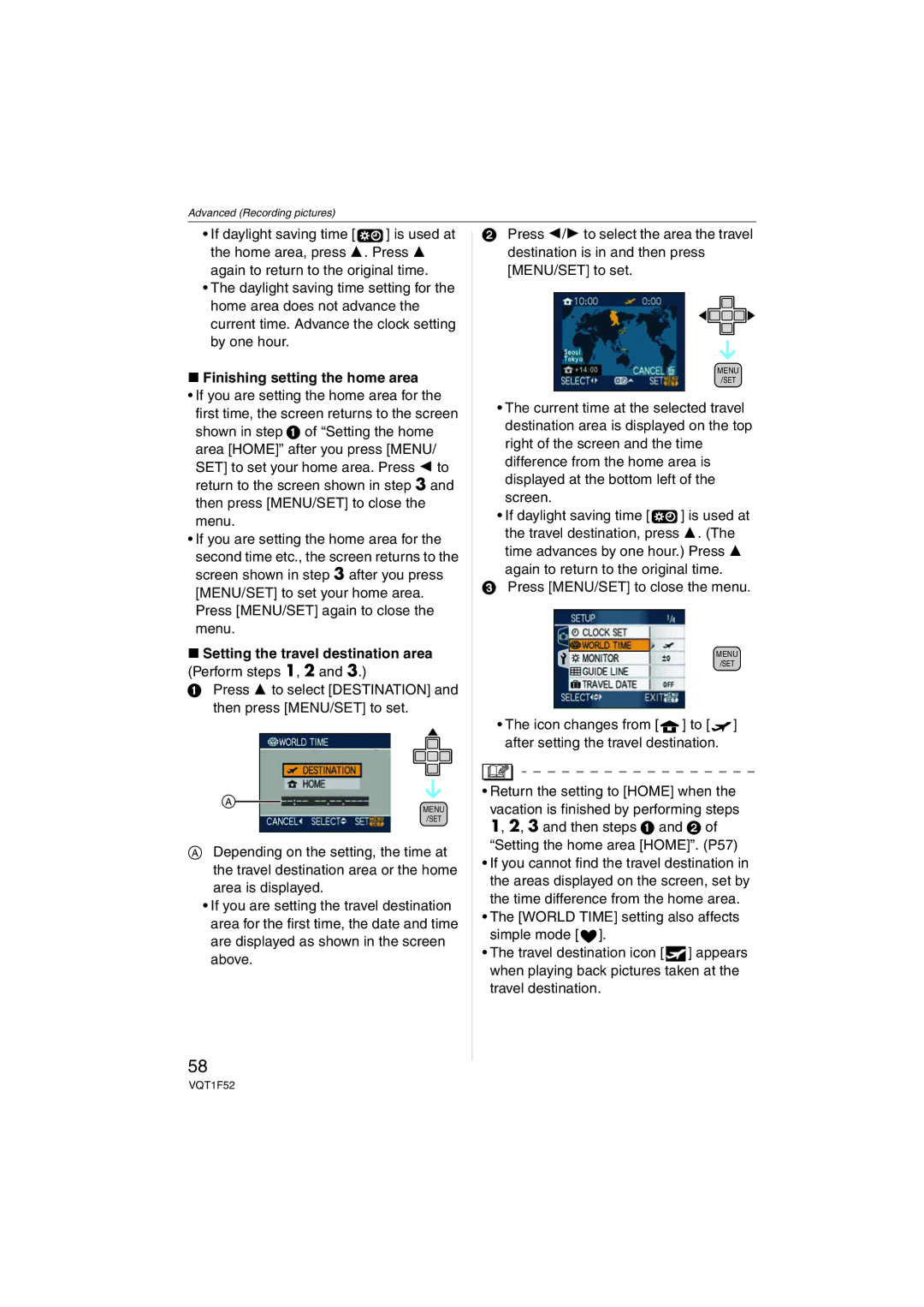 Panasonic DMCFX100K, DMC-FX100 Finishing setting the home area, Setting the travel destination area Perform steps 1, 2 