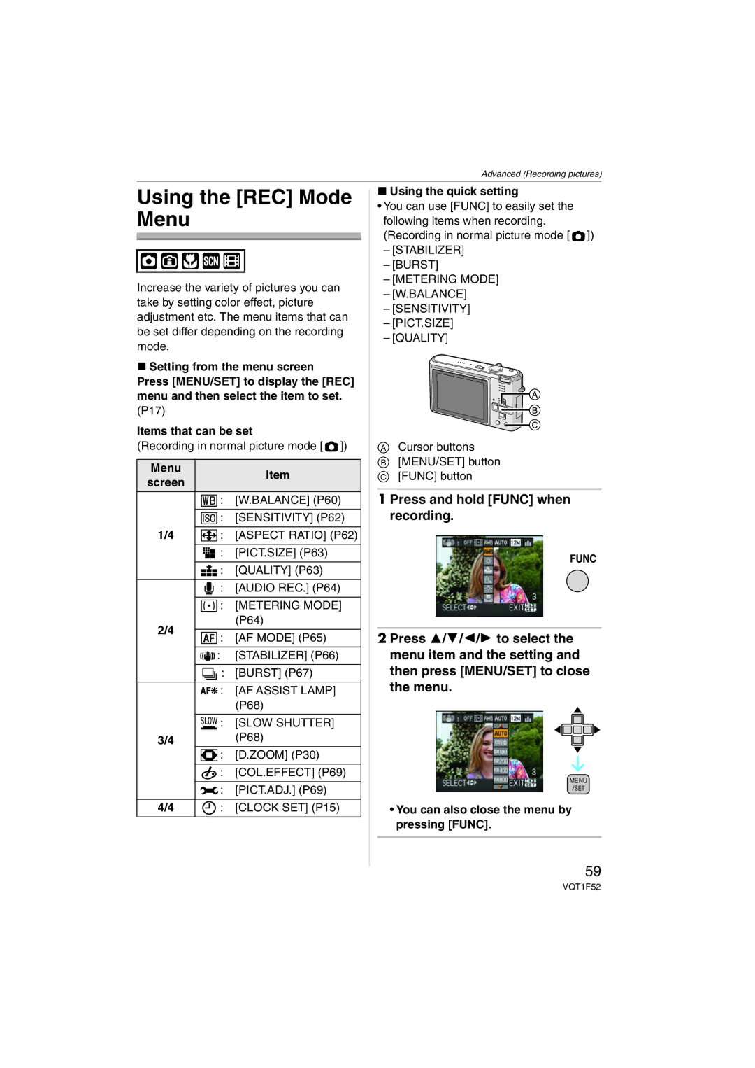 Panasonic DMCFX100S, DMC-FX100, DMCFX100K operating instructions Using the REC Mode Menu 