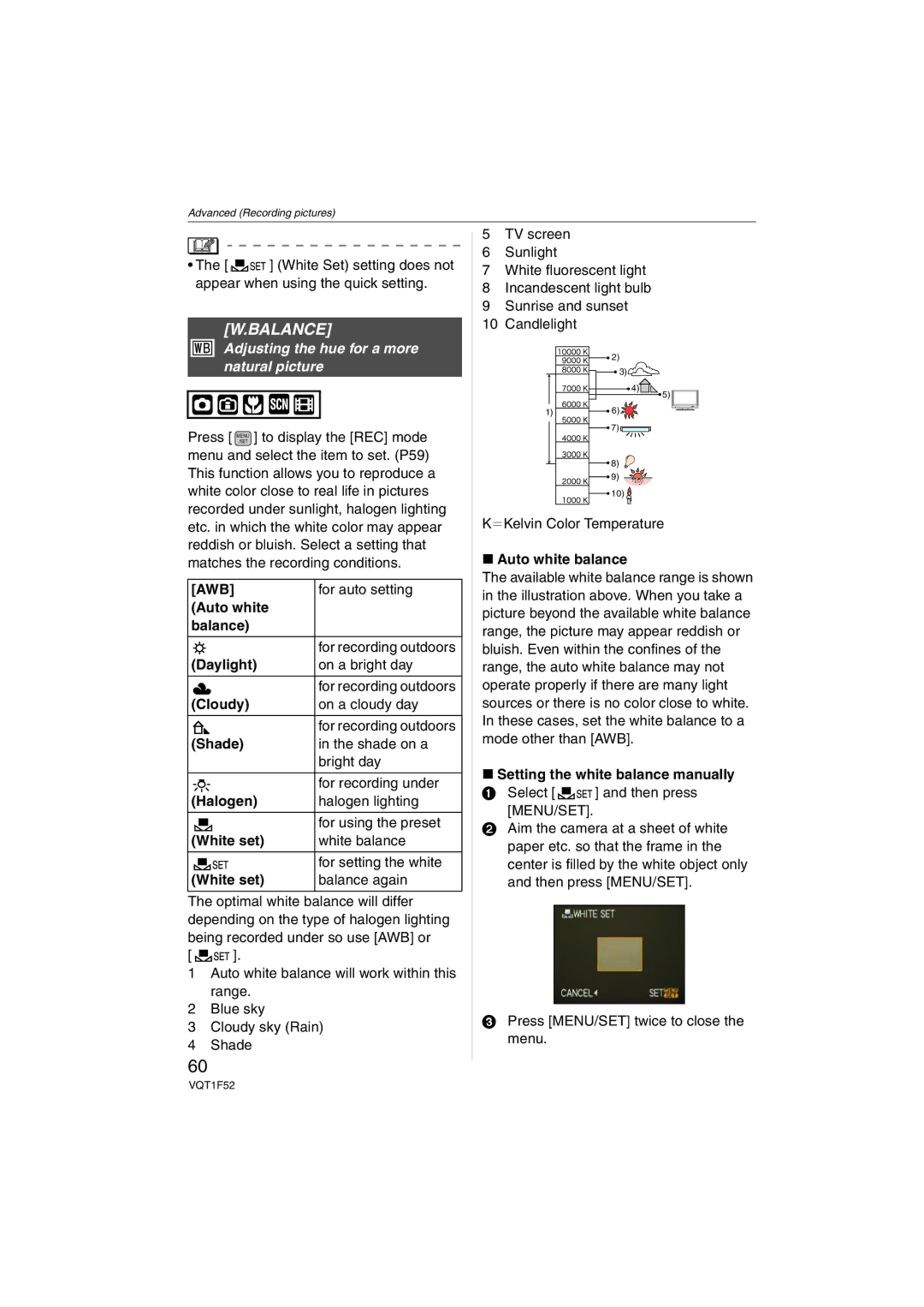 Panasonic DMC-FX100, DMCFX100K, DMCFX100S operating instructions Balance, Adjusting the hue for a more natural picture, Awb 