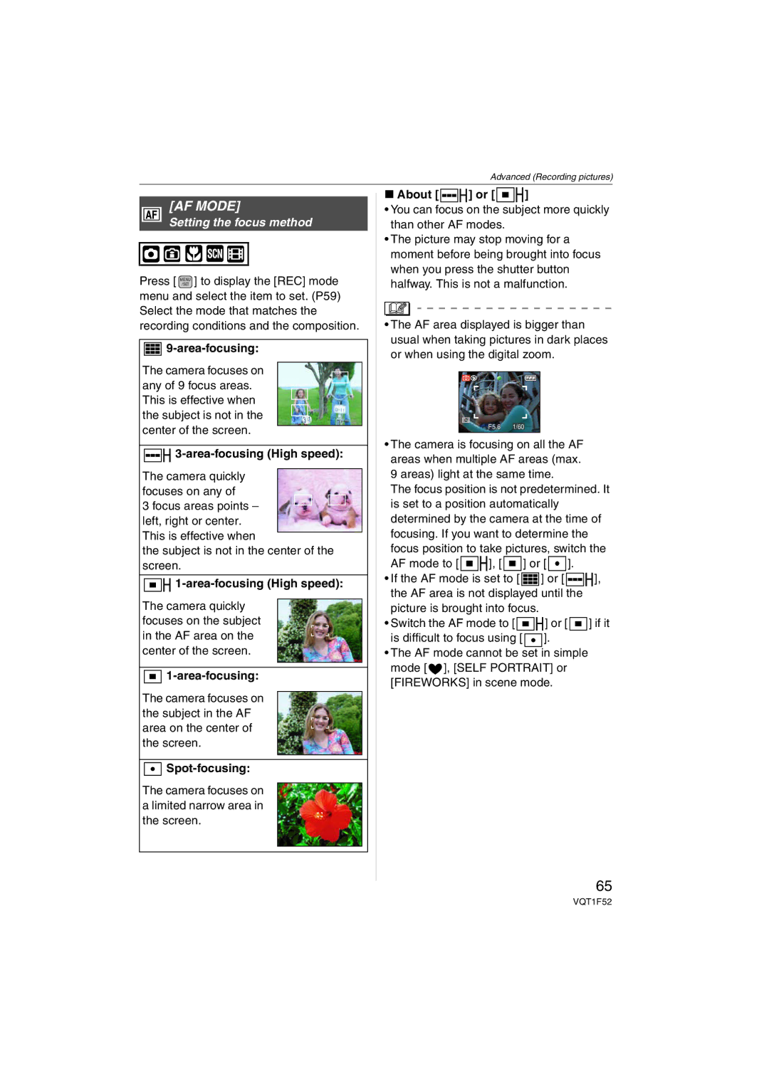 Panasonic DMCFX100S, DMC-FX100, DMCFX100K operating instructions AF Mode, Setting the focus method 