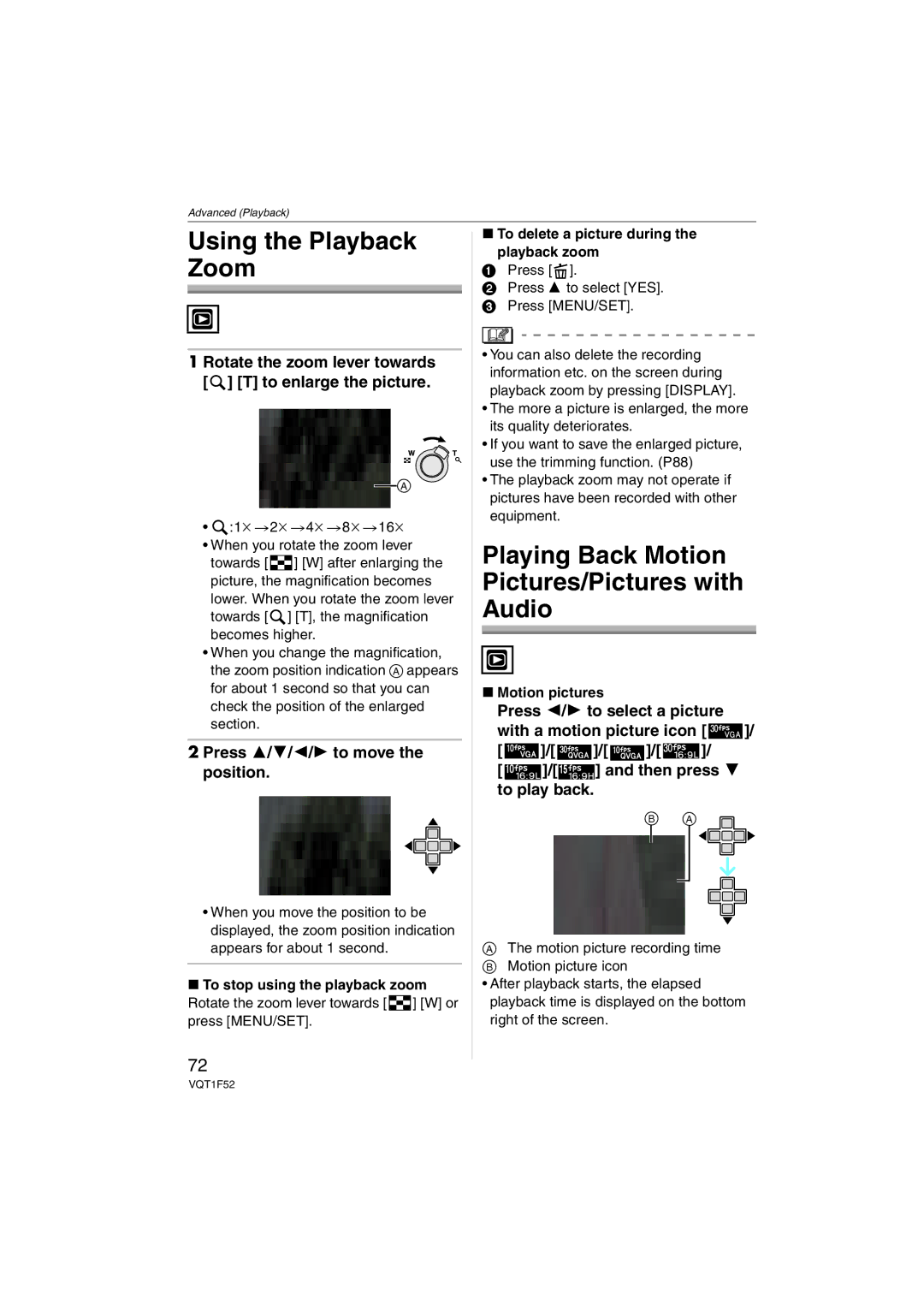 Panasonic DMC-FX100, DMCFX100K Using the Playback Zoom, Playing Back Motion Pictures/Pictures with Audio, Motion pictures 