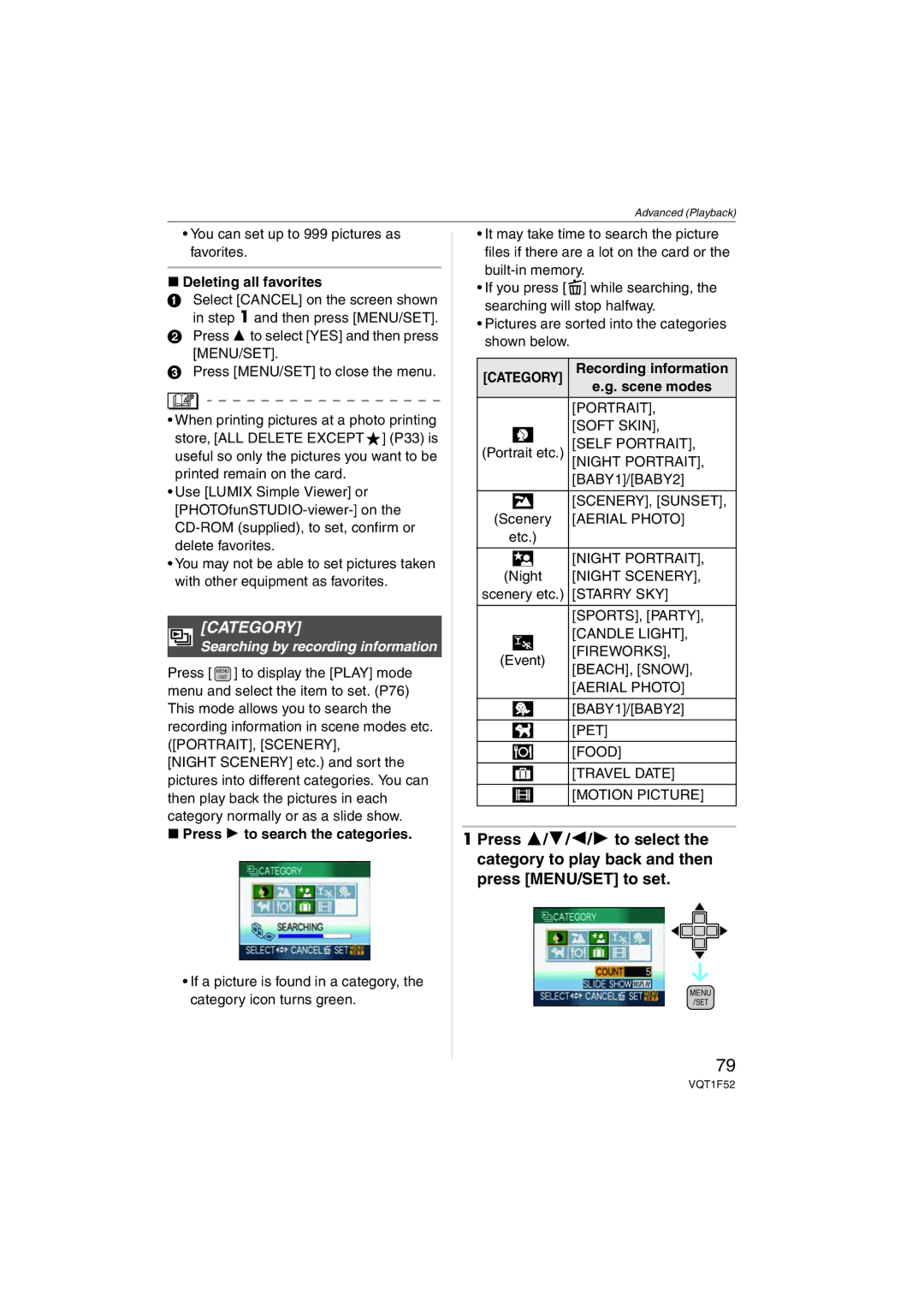 Panasonic DMCFX100K, DMC-FX100, DMCFX100S Category, Deleting all favorites, Press 1 to search the categories, Scene modes 