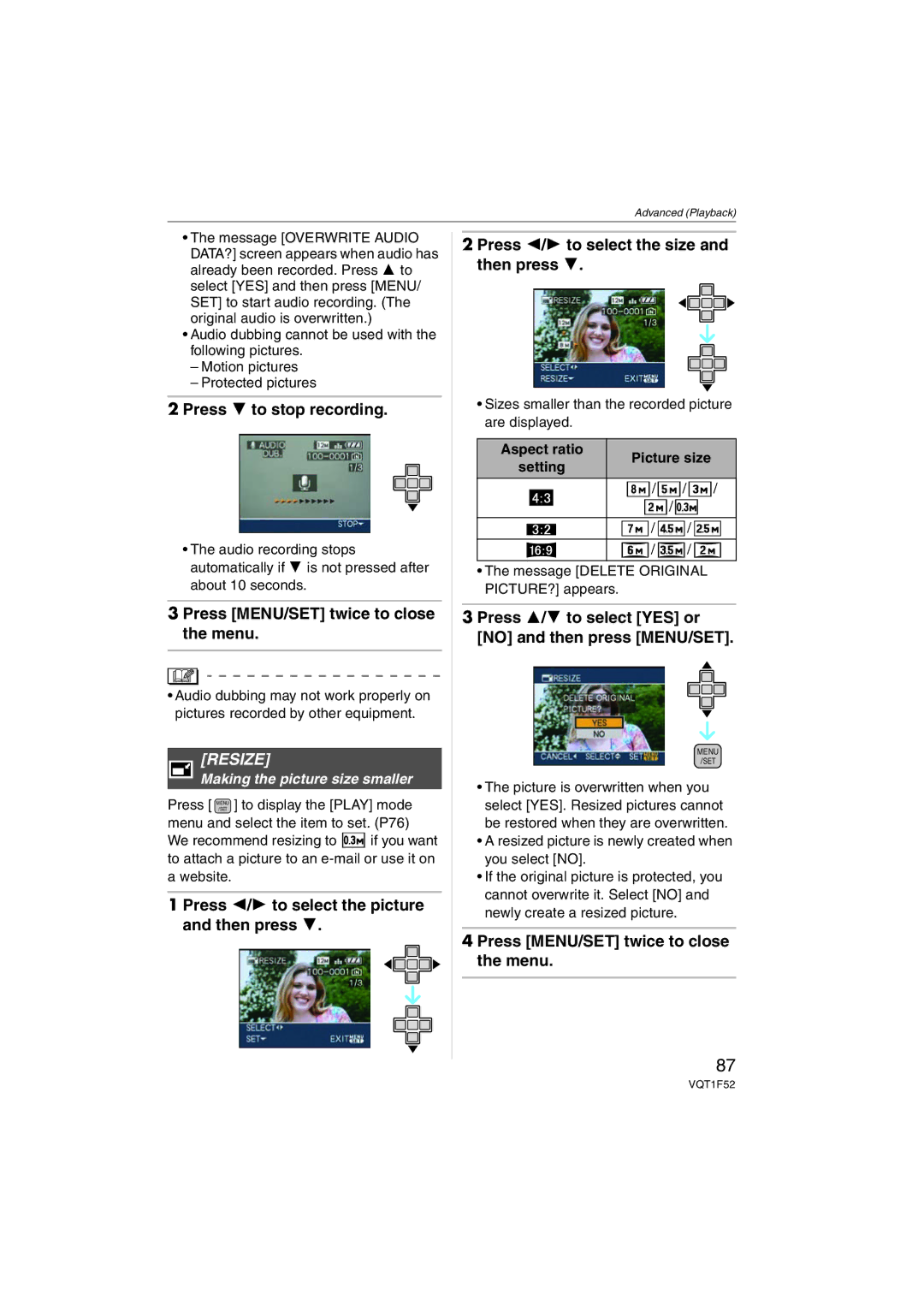 Panasonic DMC-FX100 Resize, Sizes smaller than the recorded picture are displayed, Aspect ratio Setting Picture size 