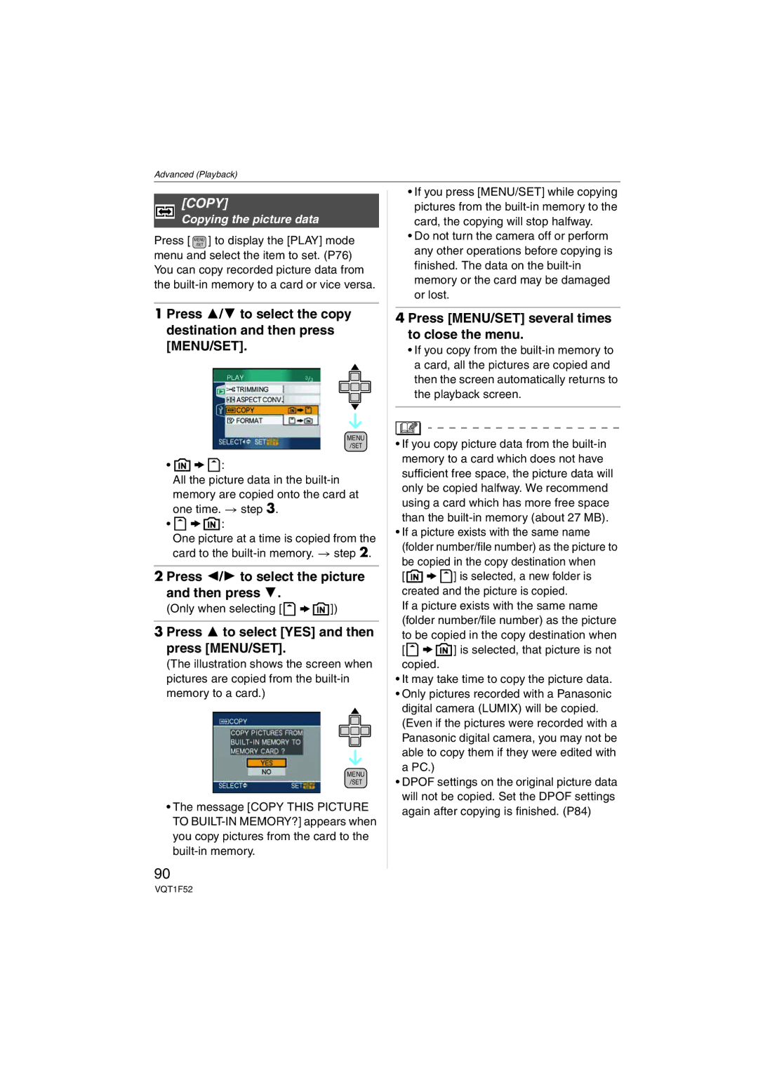 Panasonic DMC-FX100 Press MENU/SET several times to close the menu, Copying the picture data, Only when selecting 