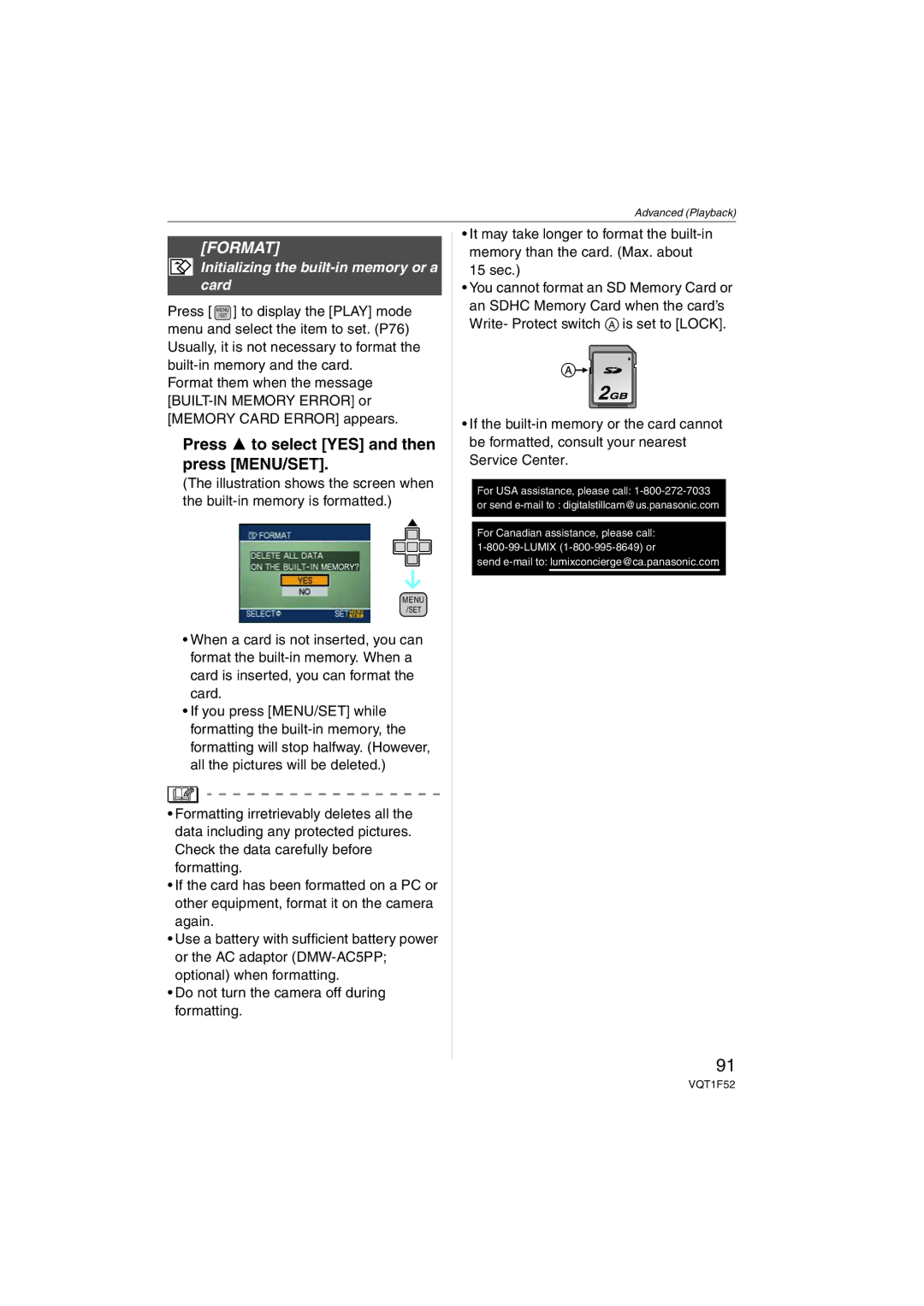 Panasonic DMCFX100K, DMC-FX100, DMCFX100S operating instructions Format, Initializing the built-in memory or a card 