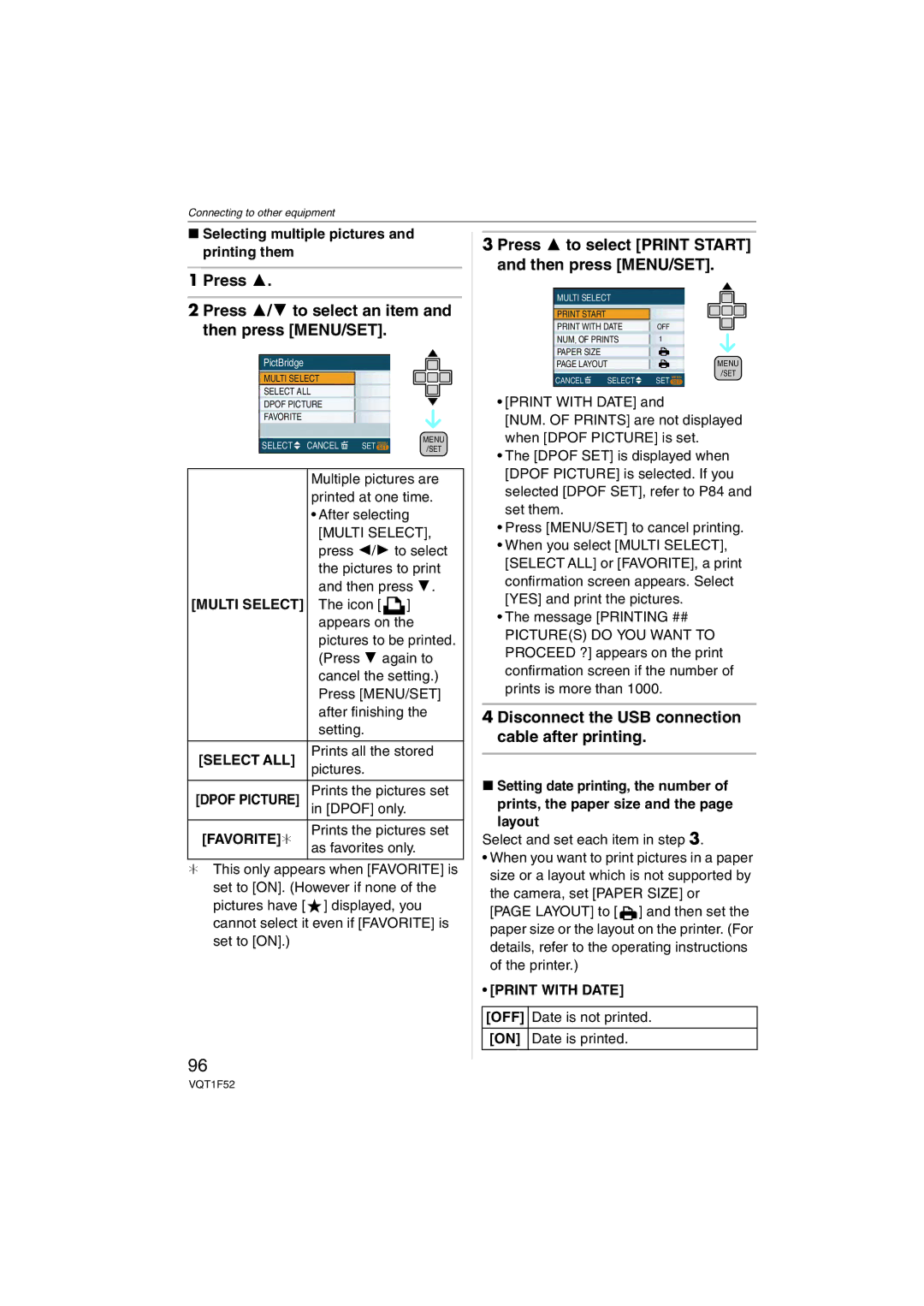 Panasonic DMC-FX100, DMCFX100K Press Press 3/4 to select an item and then press MENU/SET, Favorite¢, Print with Date OFF 