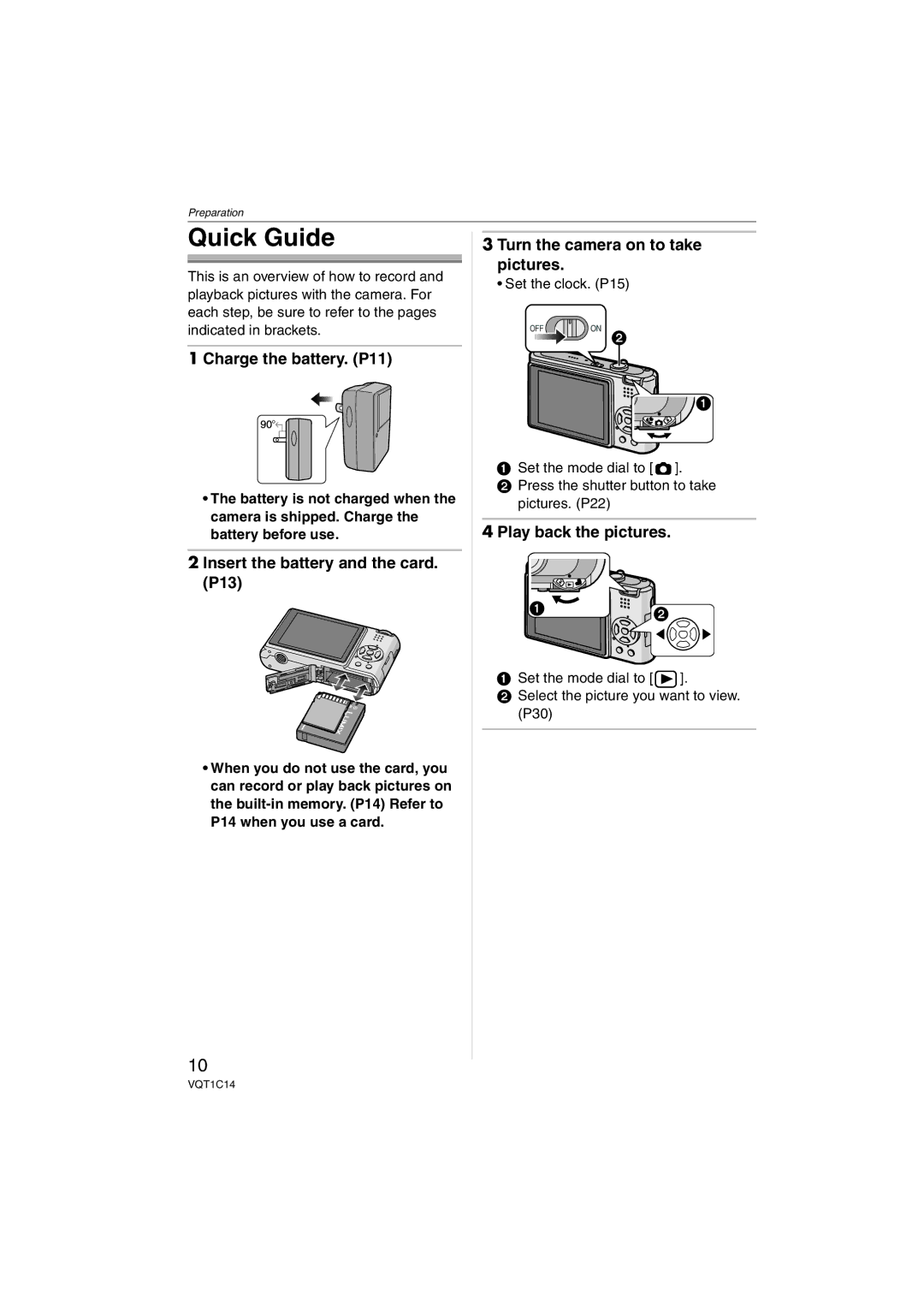 Panasonic DMCFX12S Quick Guide, Charge the battery. P11, Insert the battery and the card P13, Play back the pictures 