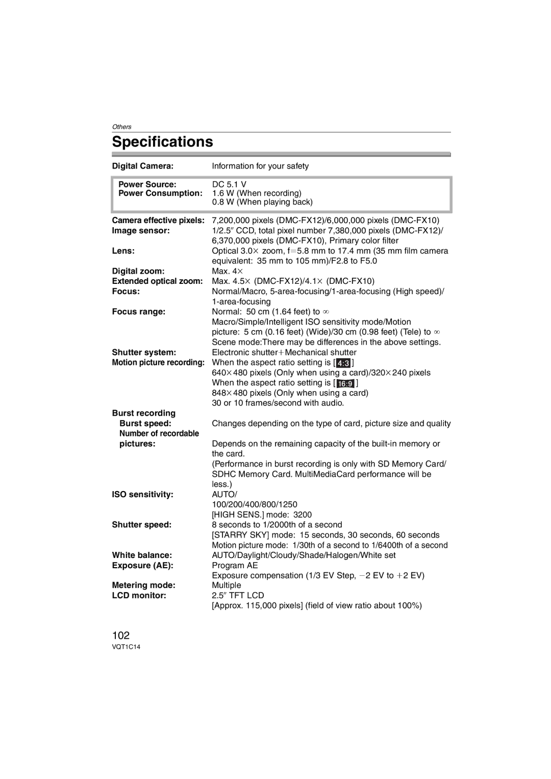 Panasonic DMCFX12S, DMC-FX12, DMC-FX10, DMCFX12K operating instructions Specifications, 102 