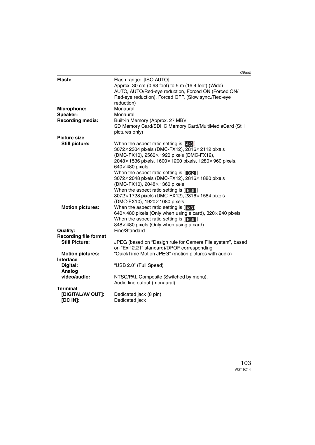 Panasonic DMCFX12K, DMC-FX12, DMC-FX10, DMCFX12S operating instructions 103, Digital/Av Out 