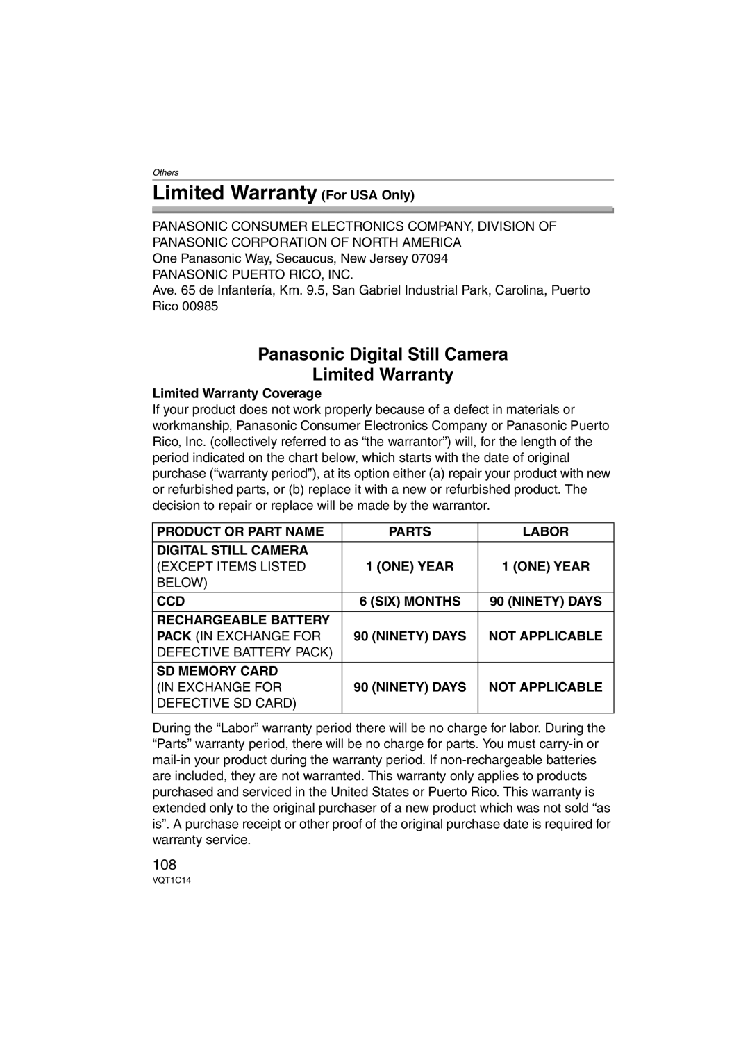 Panasonic DMC-FX12, DMC-FX10, DMCFX12S, DMCFX12K Limited Warranty For USA Only, 108, Limited Warranty Coverage 