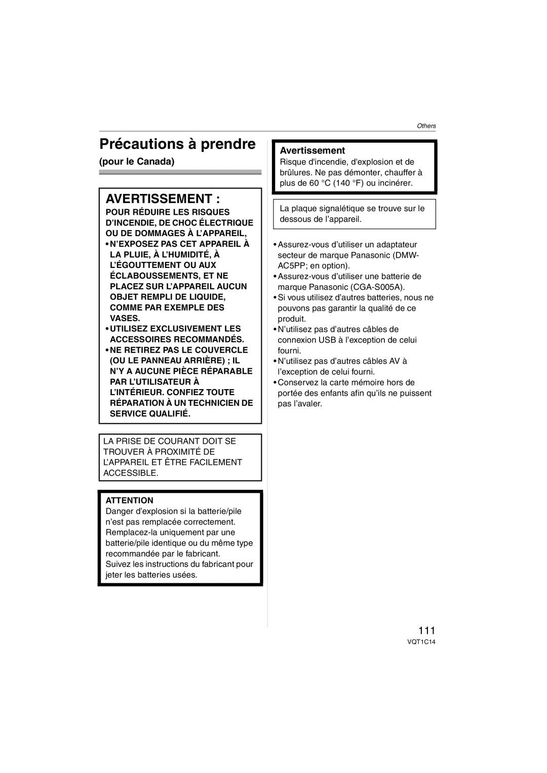 Panasonic DMCFX12K, DMC-FX12, DMC-FX10, DMCFX12S Précautions à prendre, 111, Pour le Canada, Avertissement 