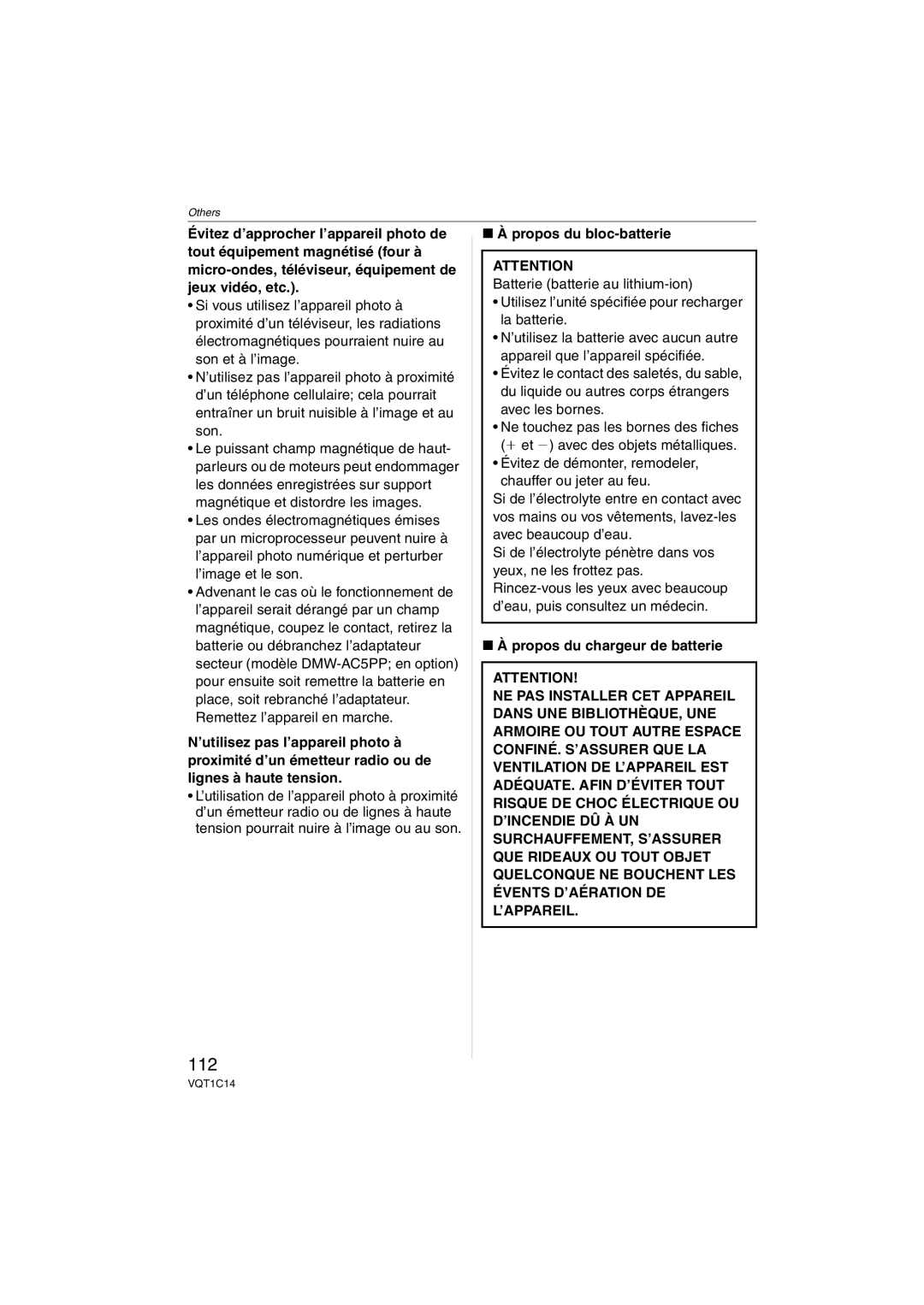 Panasonic DMC-FX12, DMC-FX10, DMCFX12S, DMCFX12K 112, Propos du bloc-batterie, Propos du chargeur de batterie 