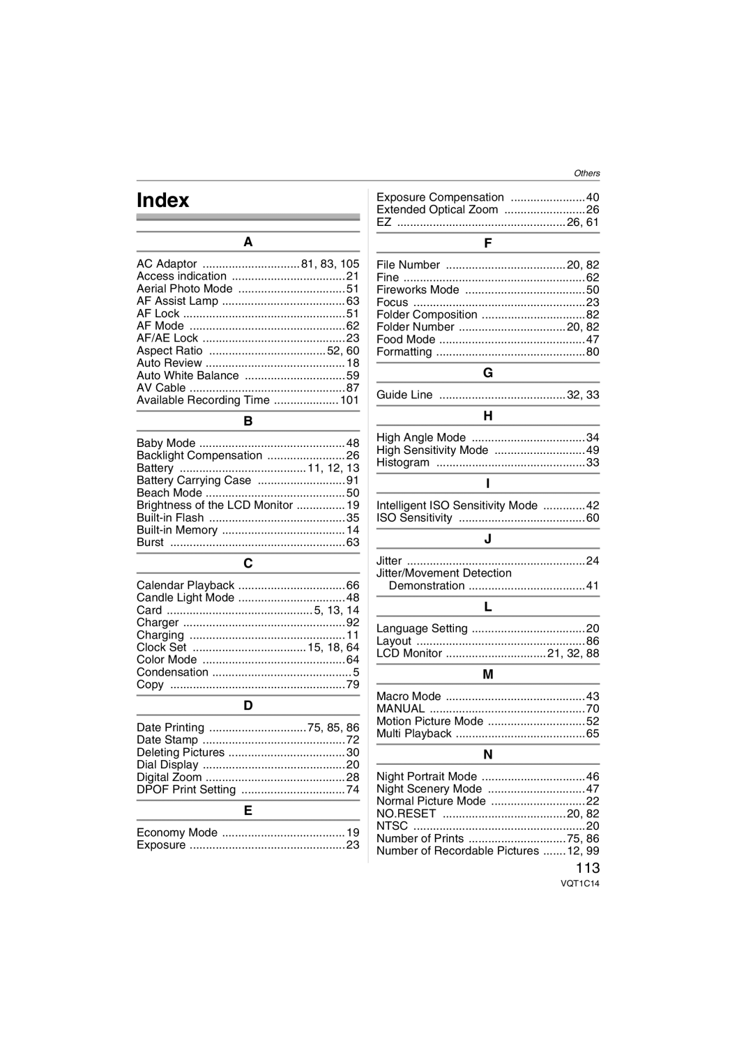 Panasonic DMC-FX10, DMC-FX12, DMCFX12S, DMCFX12K operating instructions Index, 113 