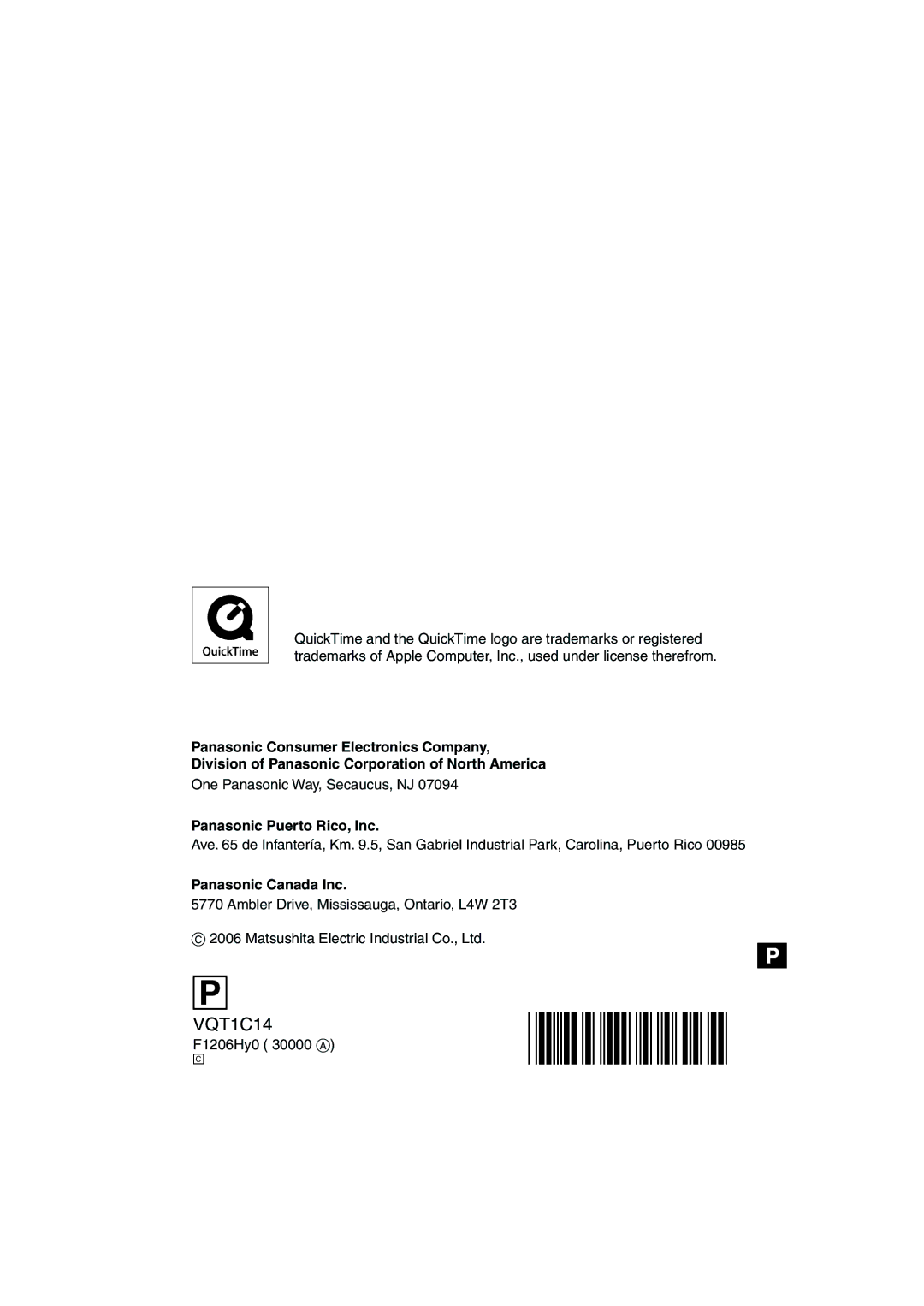 Panasonic DMC-FX12 One Panasonic Way, Secaucus, NJ, Panasonic Puerto Rico, Inc, Panasonic Canada Inc, F1206Hy0 30000 a 