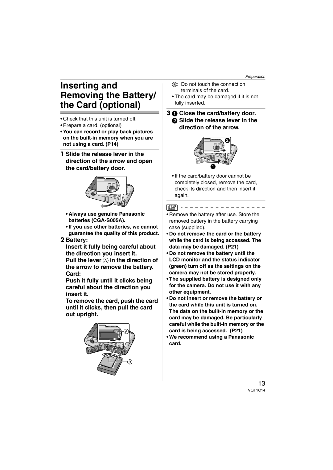 Panasonic DMC-FX10, DMC-FX12, DMCFX12S Inserting Removing the Battery Card optional, We recommend using a Panasonic card 