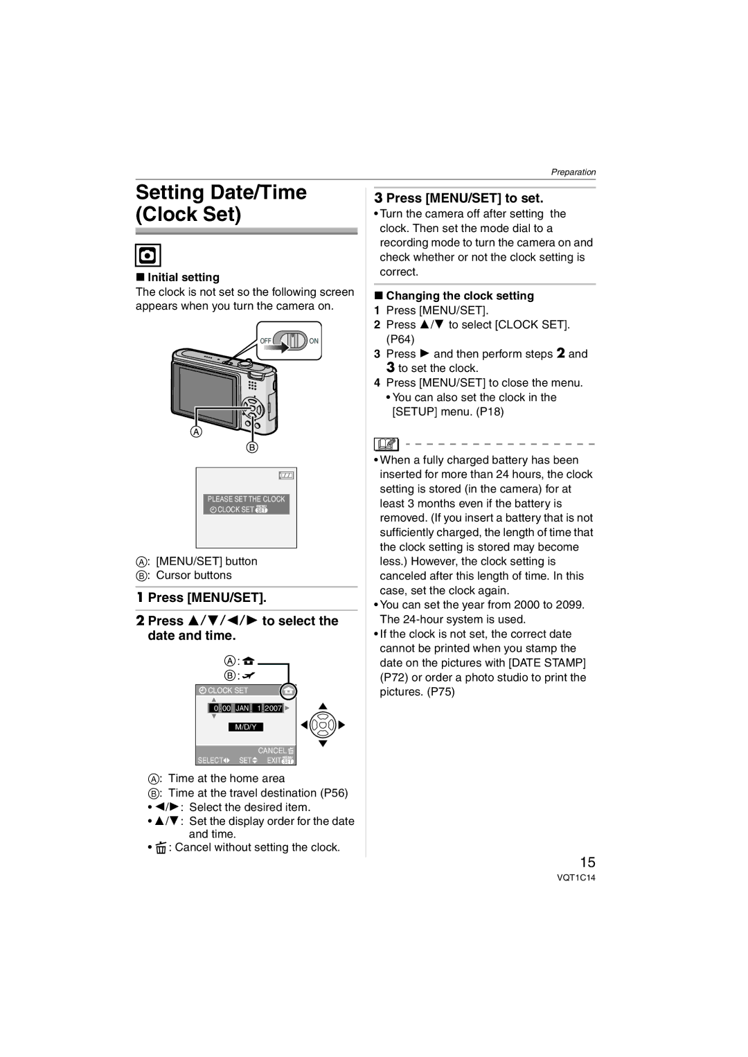 Panasonic DMCFX12K Setting Date/Time Clock Set, Press MENU/SET Press 3/4/2/1 to select the date and time, Initial setting 