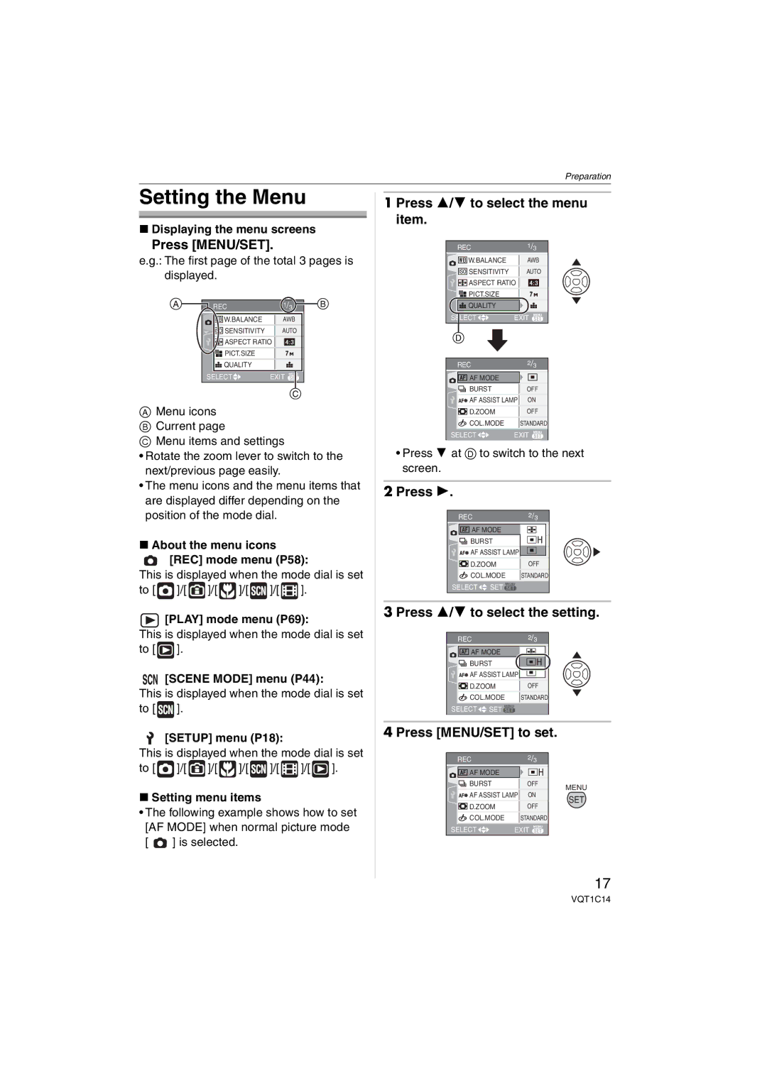 Panasonic DMC-FX10 Setting the Menu, Press MENU/SET, Press 3/4 to select the menu item, Press 3/4 to select the setting 