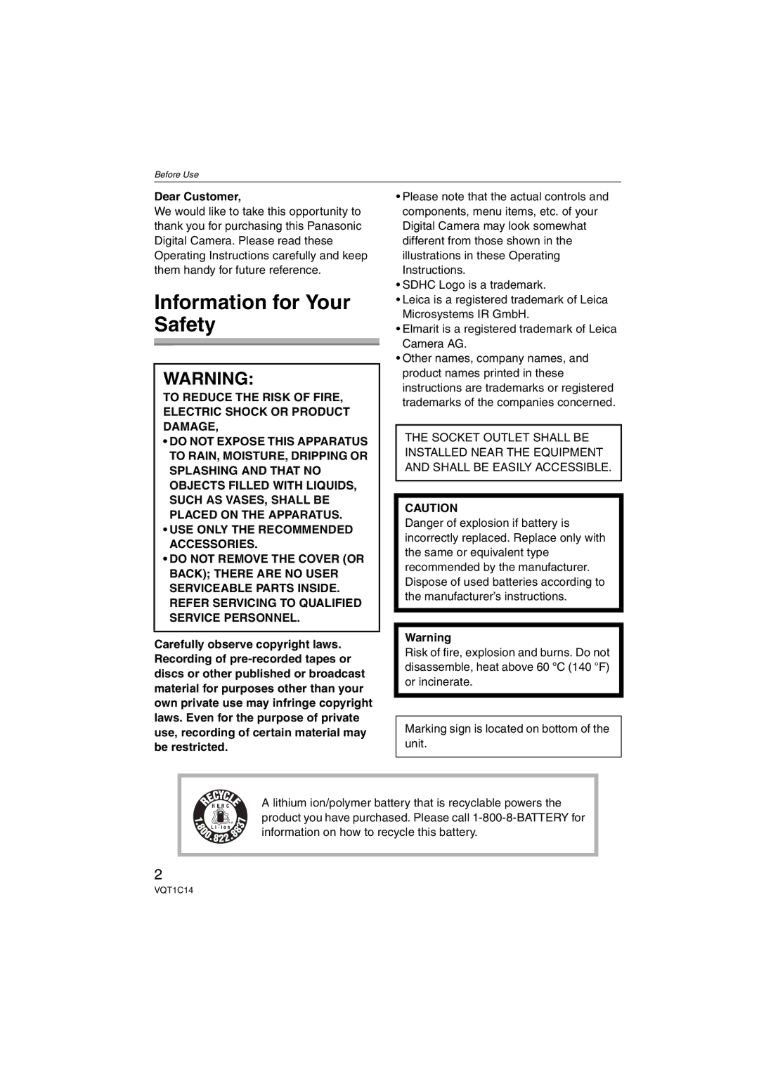 Panasonic DMCFX12S, DMC-FX12, DMC-FX10, DMCFX12K operating instructions Information for Your Safety, Dear Customer 