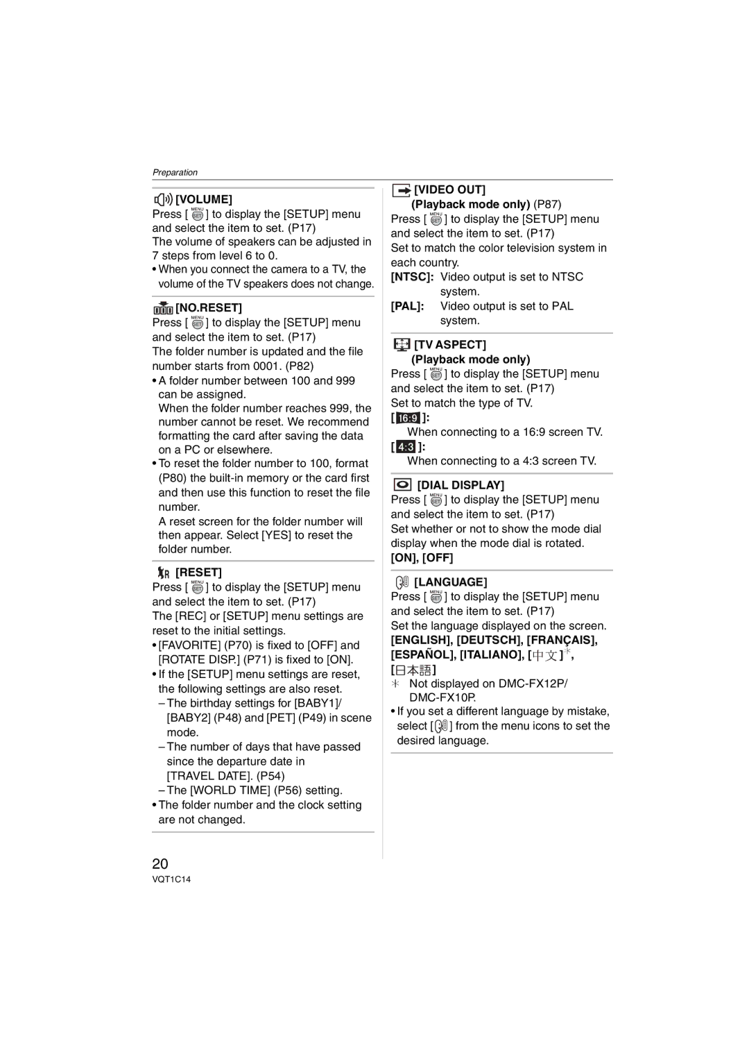 Panasonic DMC-FX12, DMC-FX10, DMCFX12S Volume, No.Reset, Video OUT, Dial Display, Language, ENGLISH, DEUTSCH, Français 