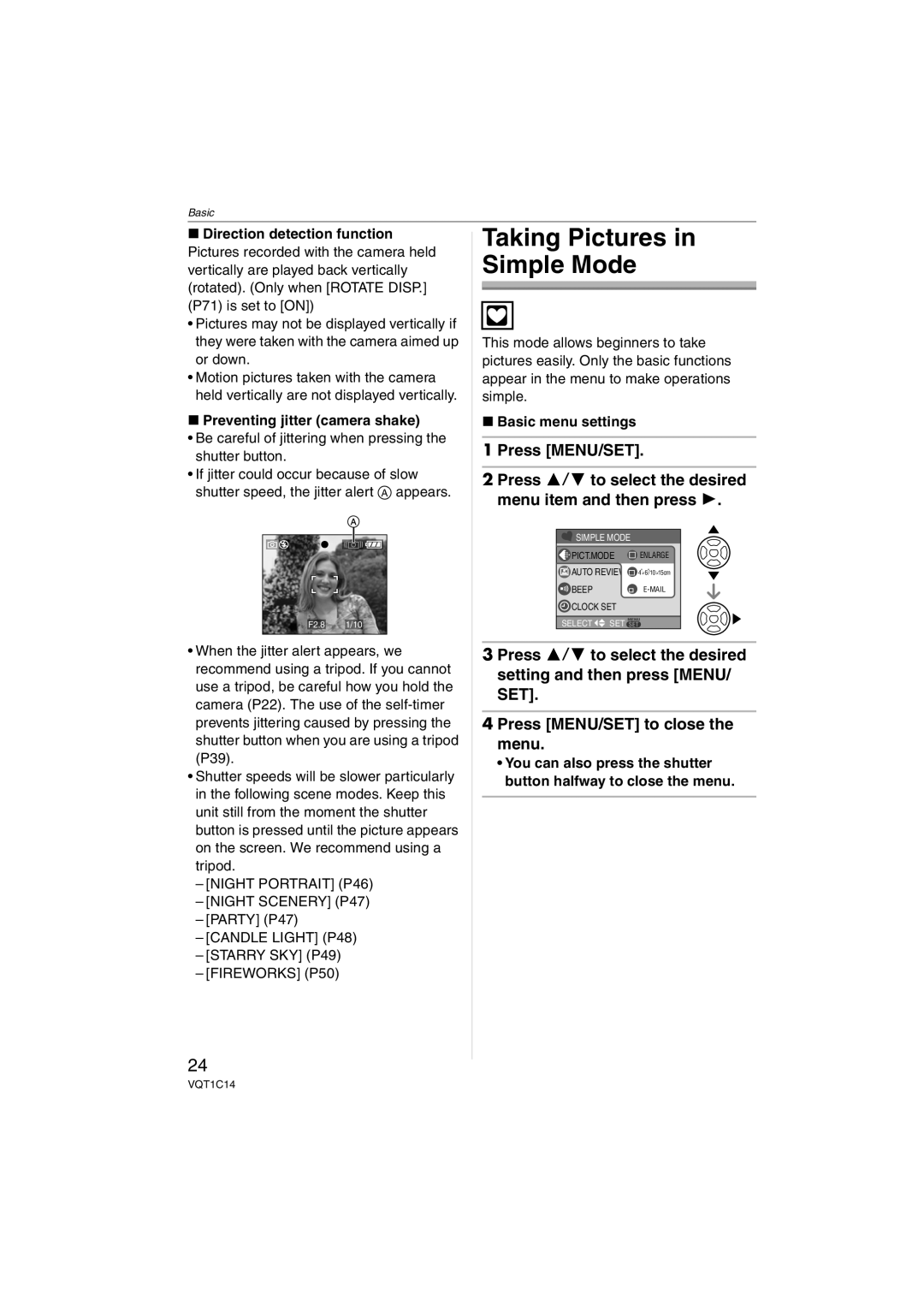 Panasonic DMC-FX12, DMC-FX10 Taking Pictures in Simple Mode, Preventing jitter camera shake, Party P47, Starry SKY P49 