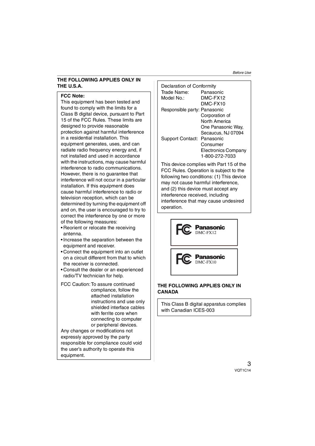 Panasonic DMCFX12K, DMC-FX12, DMC-FX10 Following Applies only in the U.S.A, FCC Note, Following Applies only in Canada 