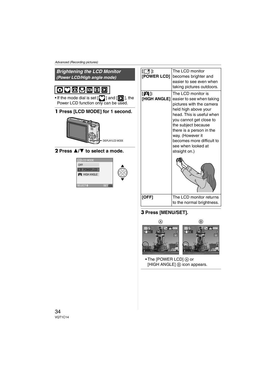 Panasonic DMCFX12S, DMC-FX12, DMC-FX10 Press LCD Mode for 1 second, Press 3/4 to select a mode, Power LCD/High angle mode 