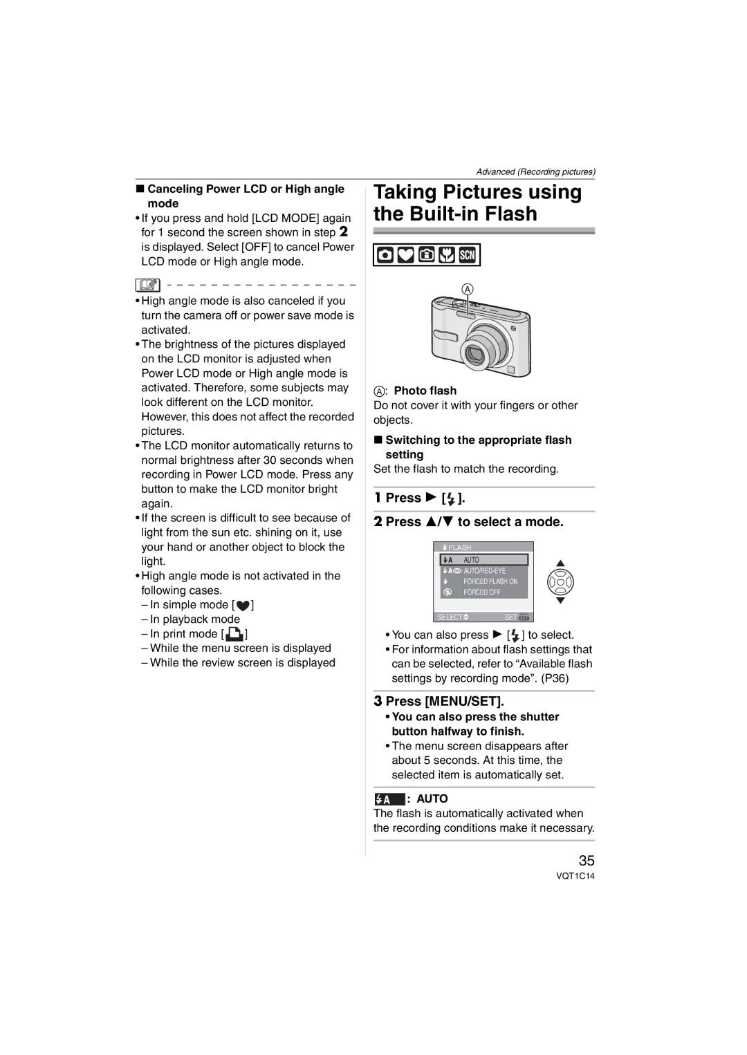 Panasonic DMCFX12K, DMC-FX12 Press Press 3/4 to select a mode, Canceling Power LCD or High angle Mode, Photo flash, Auto 