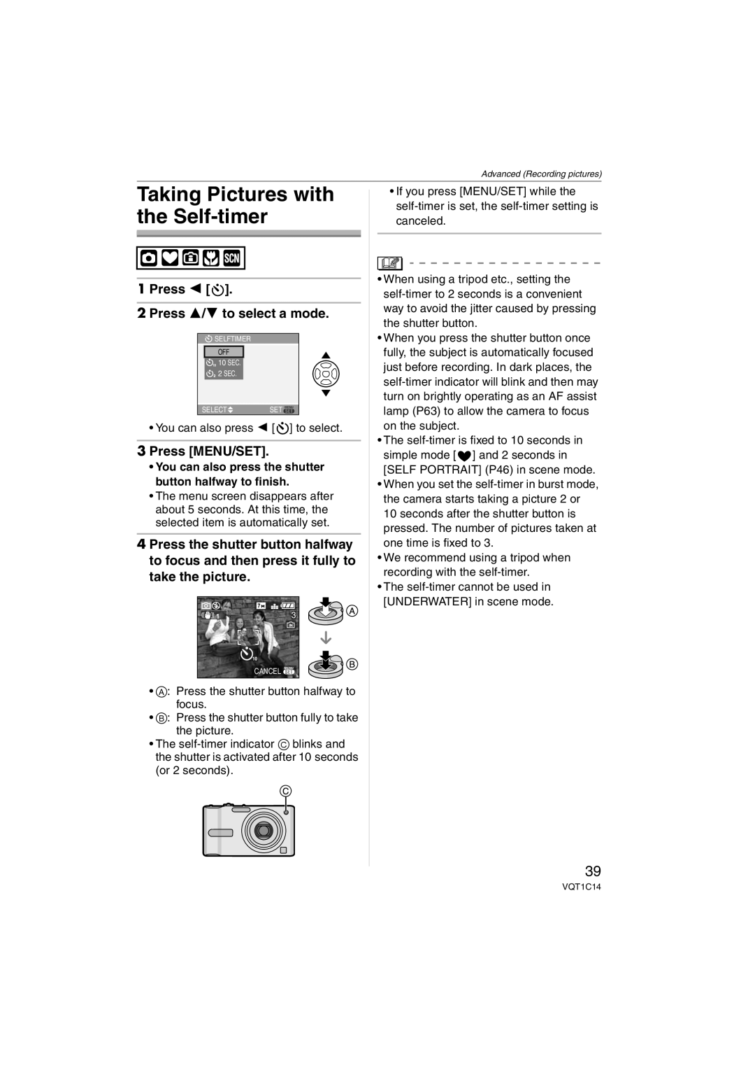 Panasonic DMCFX12K, DMC-FX12, DMC-FX10, DMCFX12S Taking Pictures with the Self-timer, You can also press 2 to select 