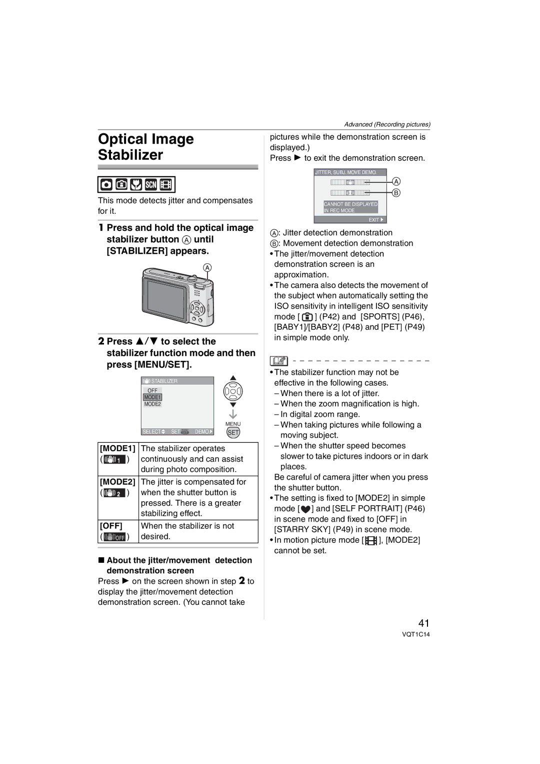 Panasonic DMC-FX10, DMC-FX12, DMCFX12S Optical Image Stabilizer, This mode detects jitter and compensates for it, MODE1 