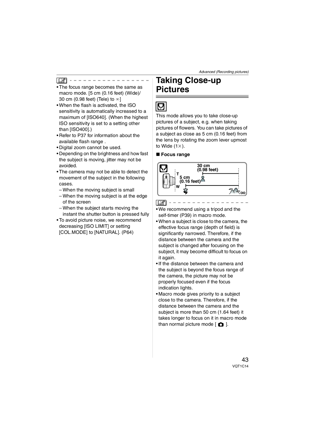 Panasonic DMCFX12K, DMC-FX12, DMC-FX10, DMCFX12S operating instructions Taking Close-up Pictures, Focus range 