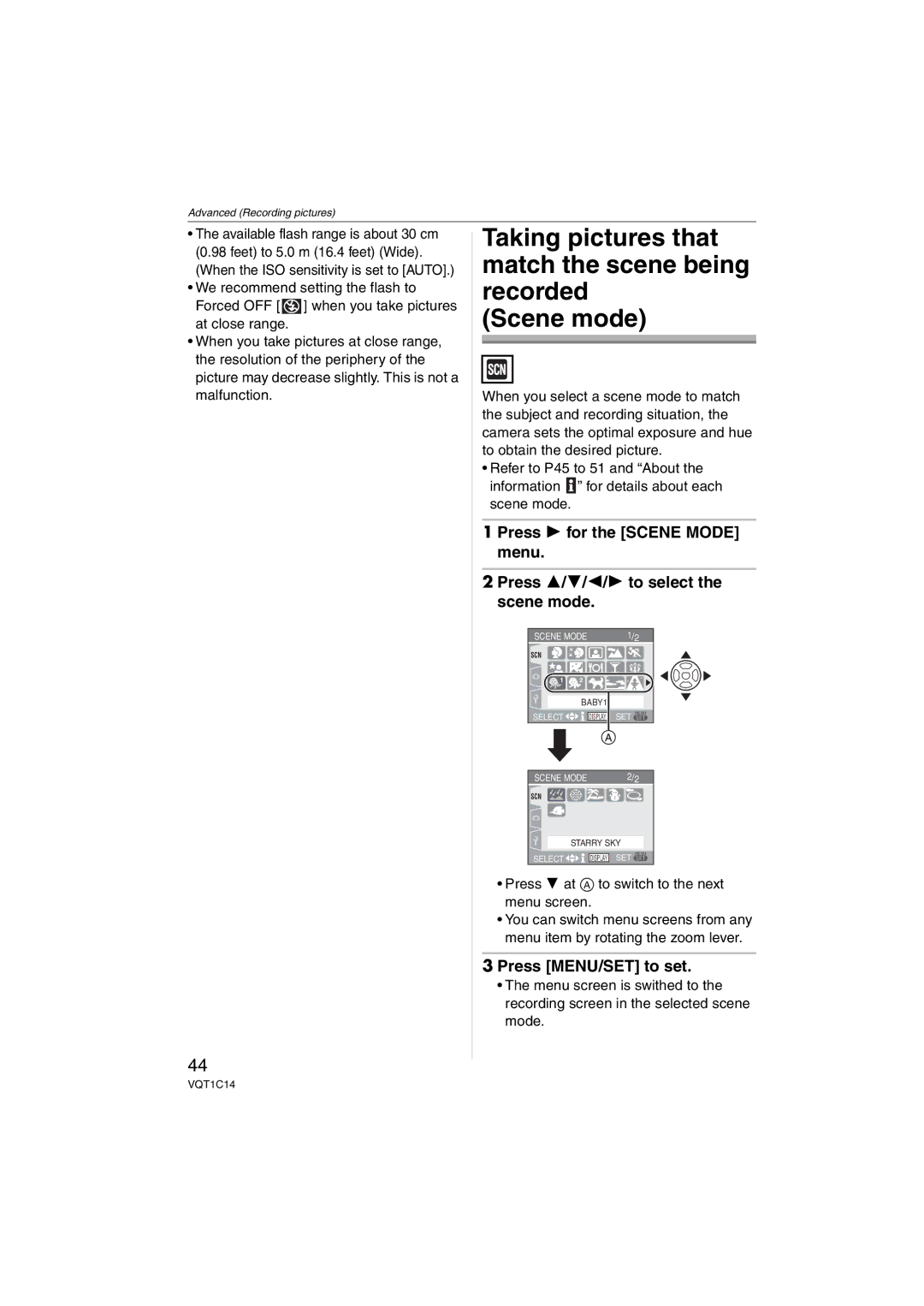 Panasonic DMC-FX12, DMC-FX10, DMCFX12S, DMCFX12K Press MENU/SET to set, Press 4 at a to switch to the next menu screen 